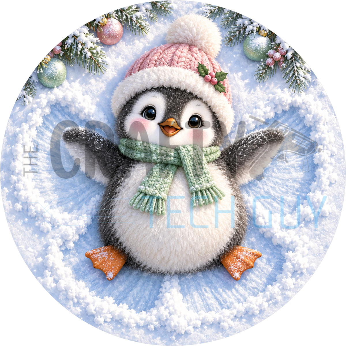 Round winter wreath sign of a baby penguin in a pink knit hat and mint scarf making a snow angel surrounded by pastel ornaments