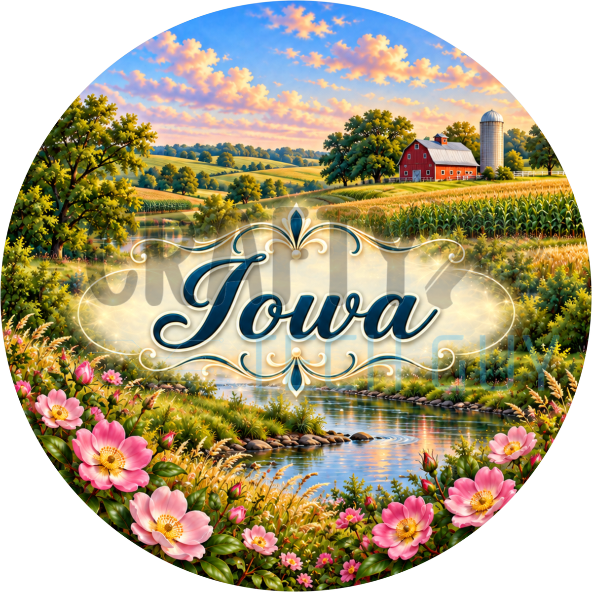Round Iowa state wreath sign with the state name in script over a red barn and cornfield with a creek and pink wild prairie roses