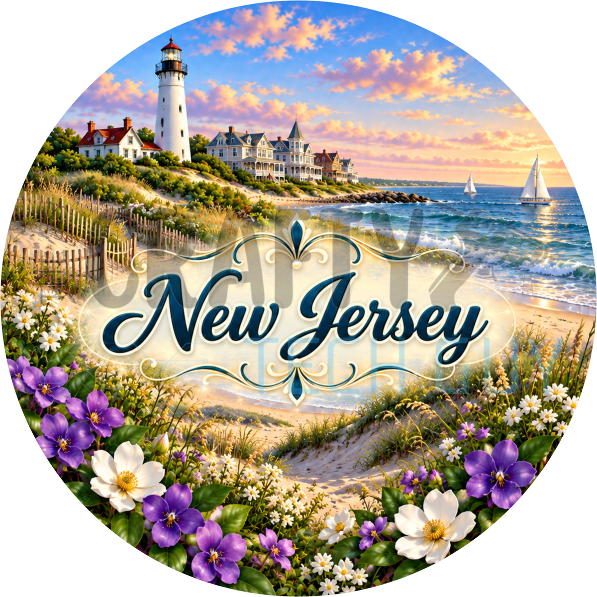 Round New Jersey state wreath sign with navy script lettering over a Jersey Shore lighthouse, ocean waves, sand dunes and purple violets