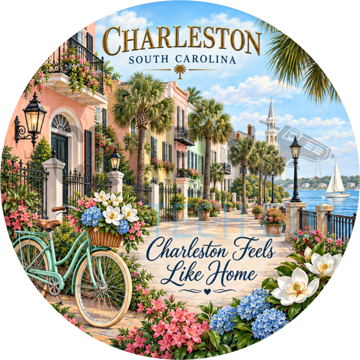 Round Charleston South Carolina wreath sign with pastel row houses, palm trees and a mint bicycle reading Charleston Feels Like Home