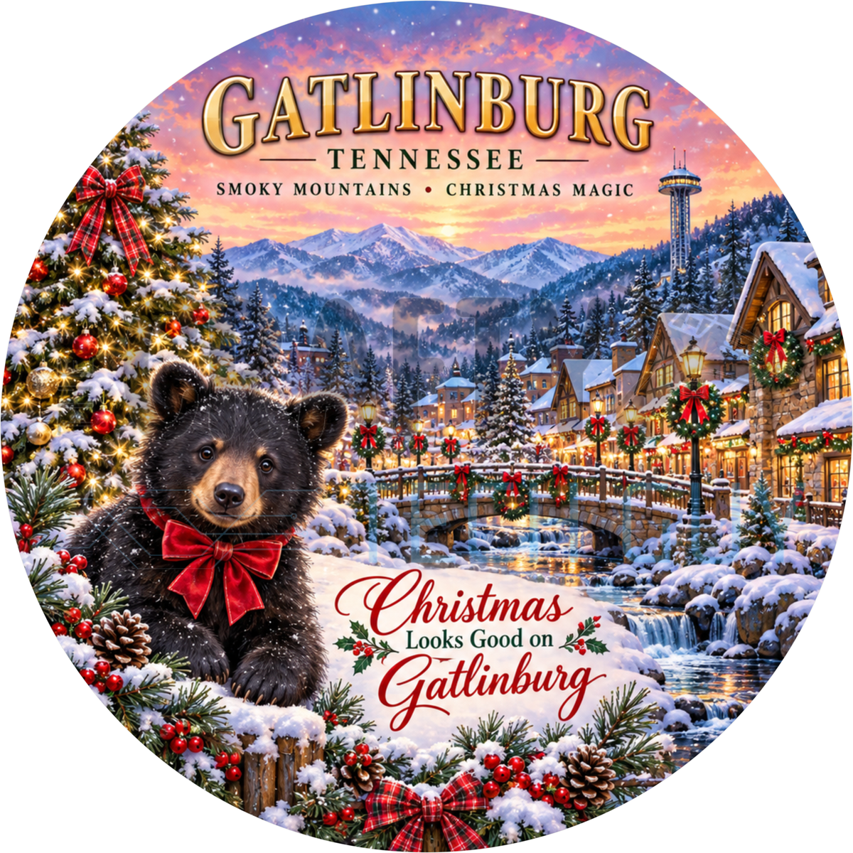 Round Christmas Gatlinburg Tennessee wreath sign with a black bear cub in a red bow before a snowy mountain village