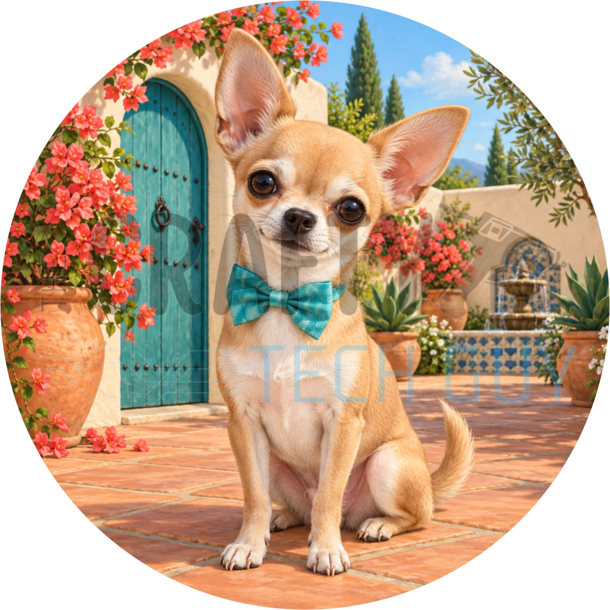 Round dog wreath sign of a tan Chihuahua in a teal bow tie in a sunny courtyard with a turquoise door and red bougainvillea