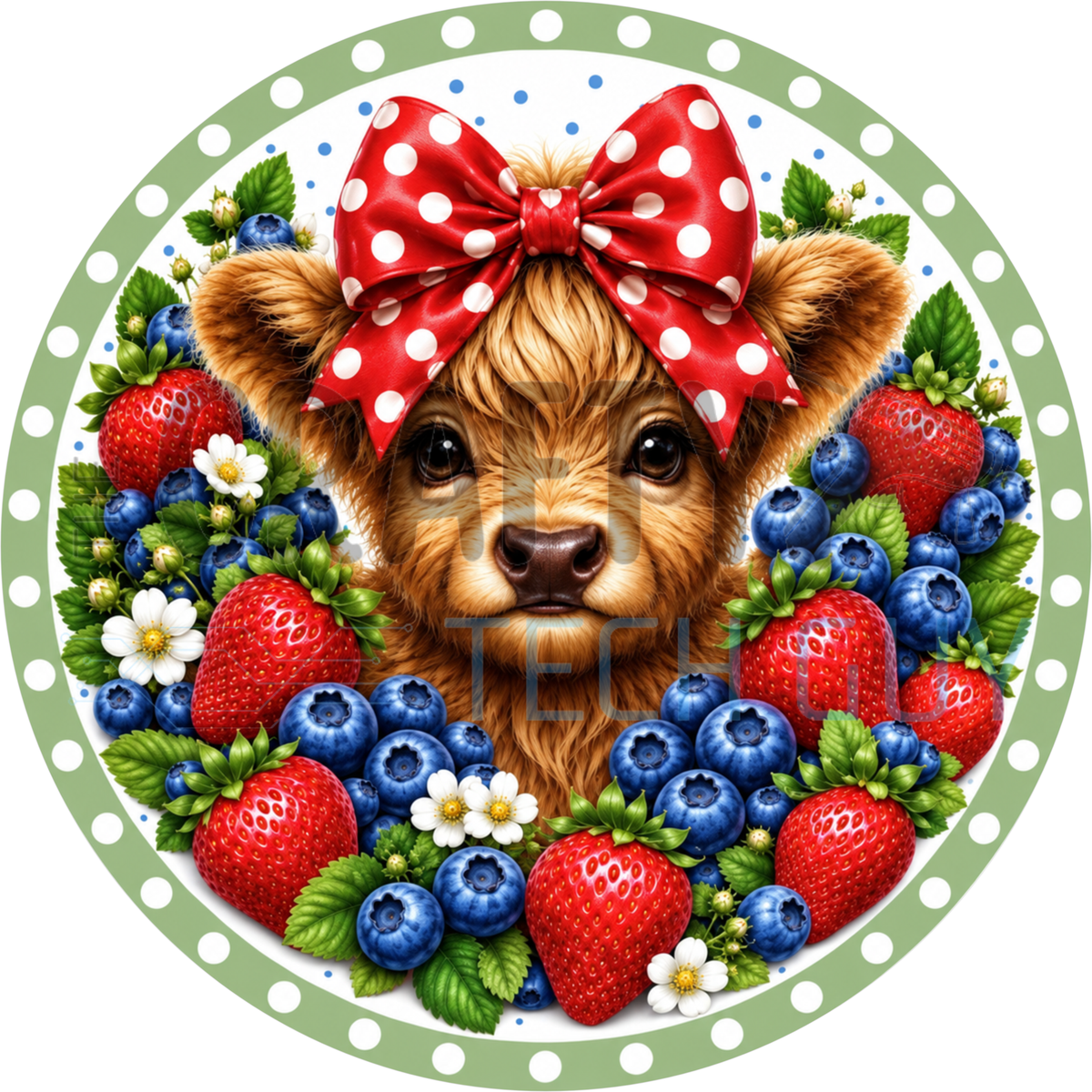 Round everyday wreath sign of a Highland cow calf in a red polka dot bow surrounded by strawberries and blueberries inside a sage green dotted border