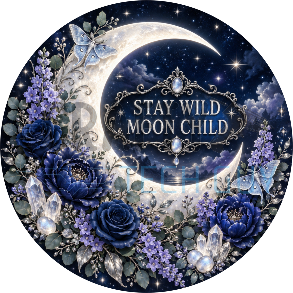Round celestial wreath sign reading Stay Wild Moon Child inside a crescent moon with navy roses, crystals and luna moths on a starry sky