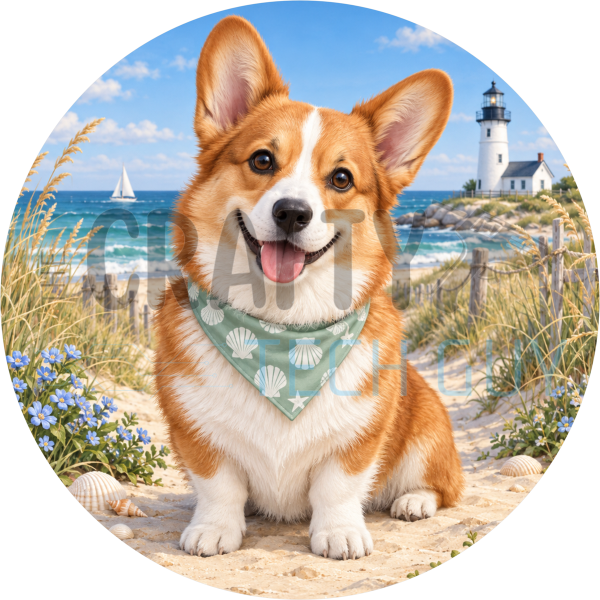 Round summer wreath sign of a smiling Corgi in a seashell bandana on a sandy beach with a lighthouse and ocean