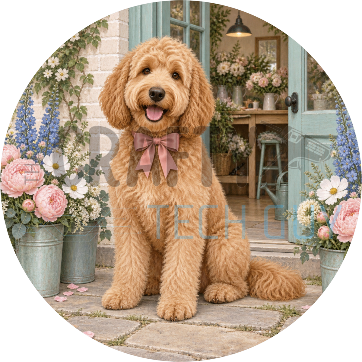 Round dog wreath sign of a goldendoodle in a pink bow sitting by a sage green door with galvanized buckets of pink peonies