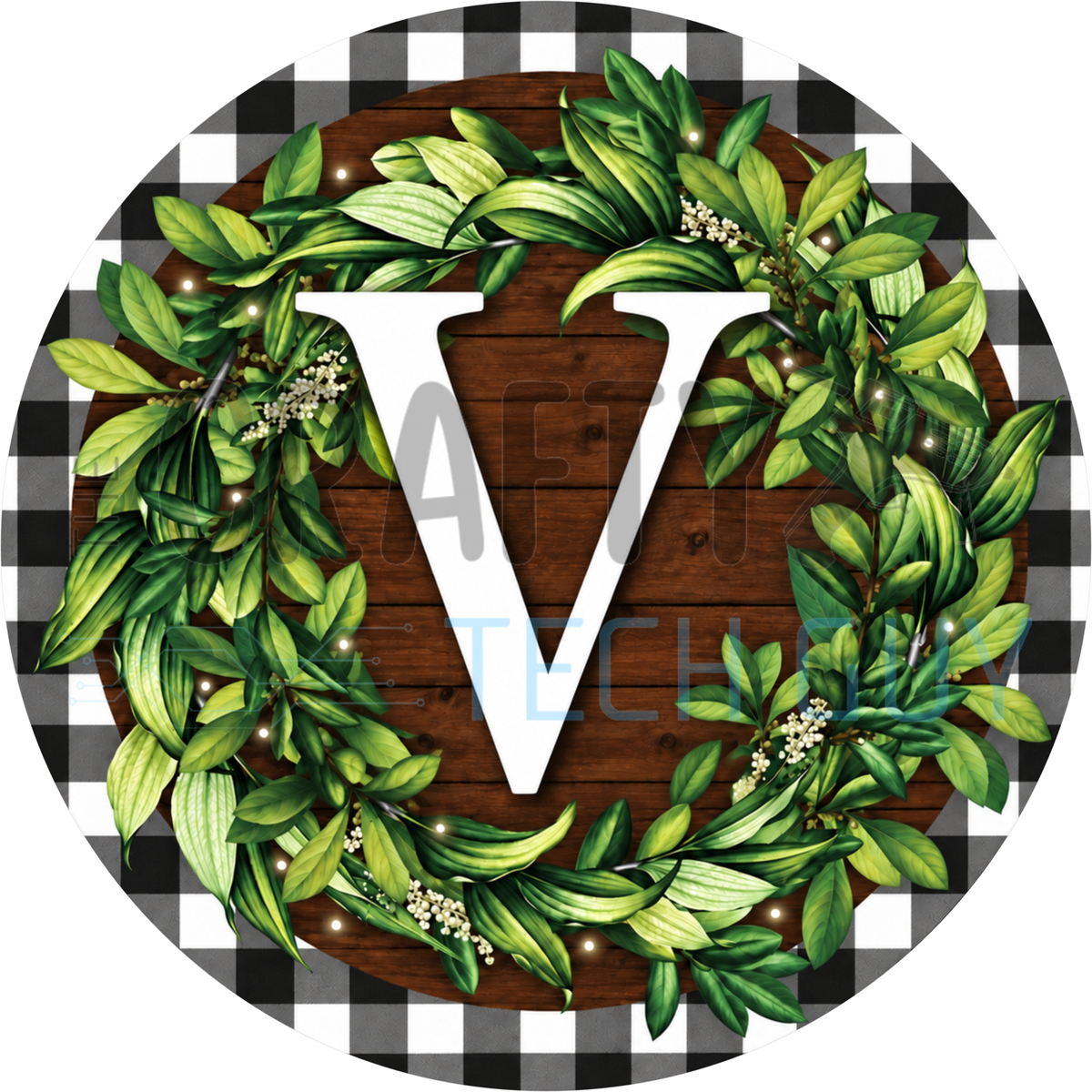 Round monogram wreath sign with a white letter V inside a green leaf wreath on dark wood planks with a black and white buffalo check border