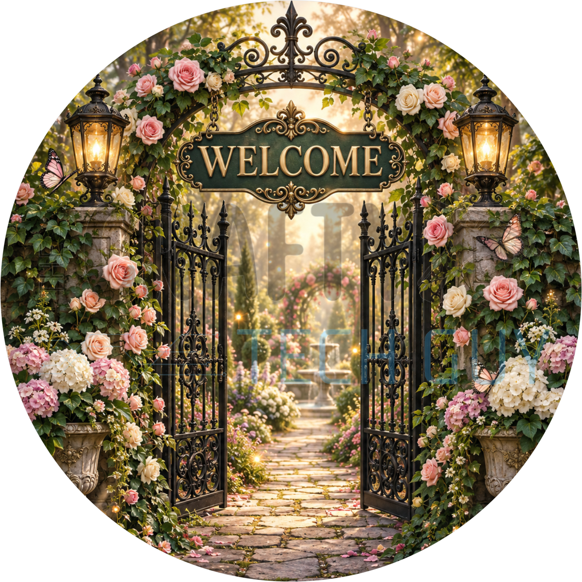Round welcome wreath sign with an open wrought iron garden gate under a pink rose arbor with lanterns and a Welcome plaque