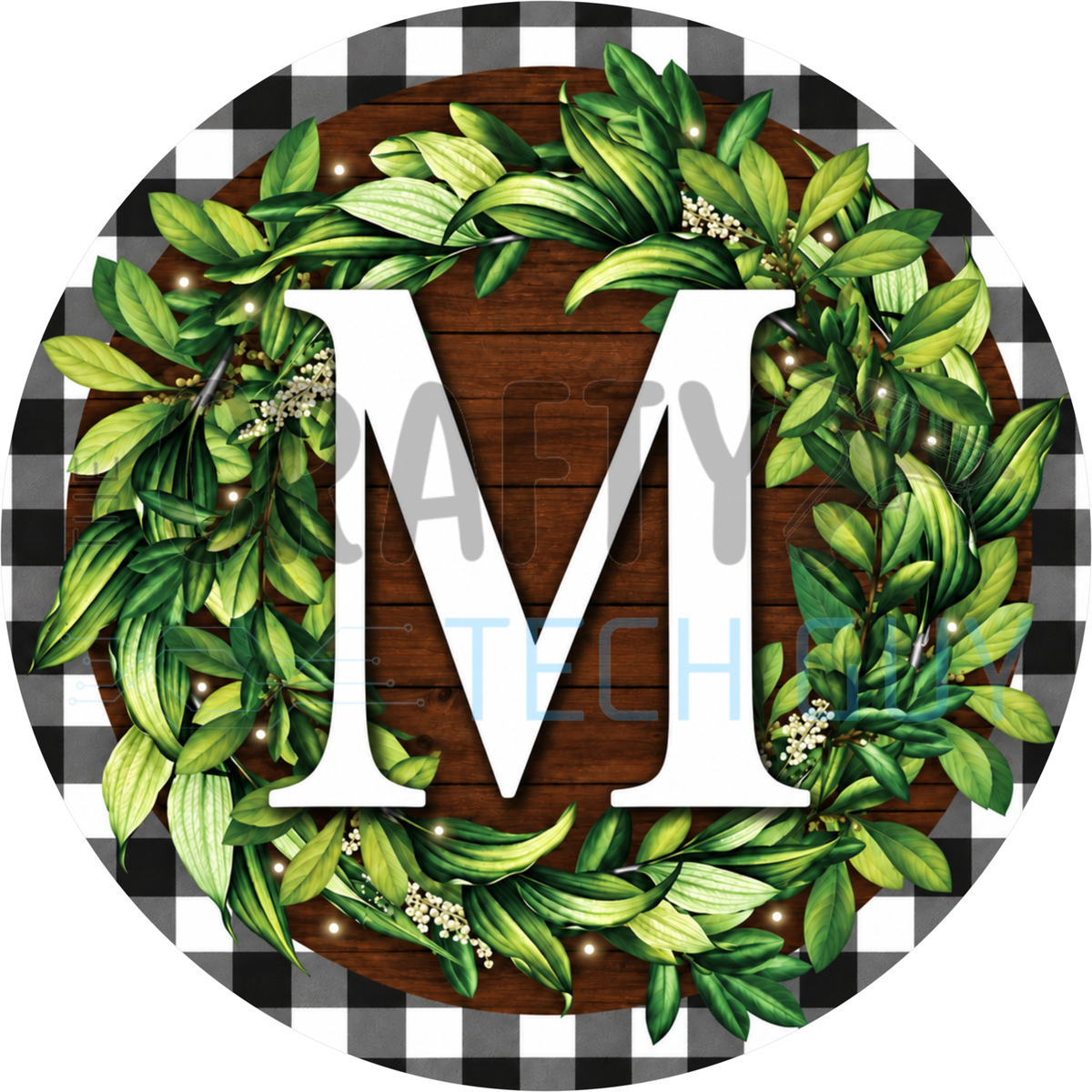 Round monogram wreath sign with a white letter M inside a green leaf wreath on dark wood planks with a black and white buffalo check border