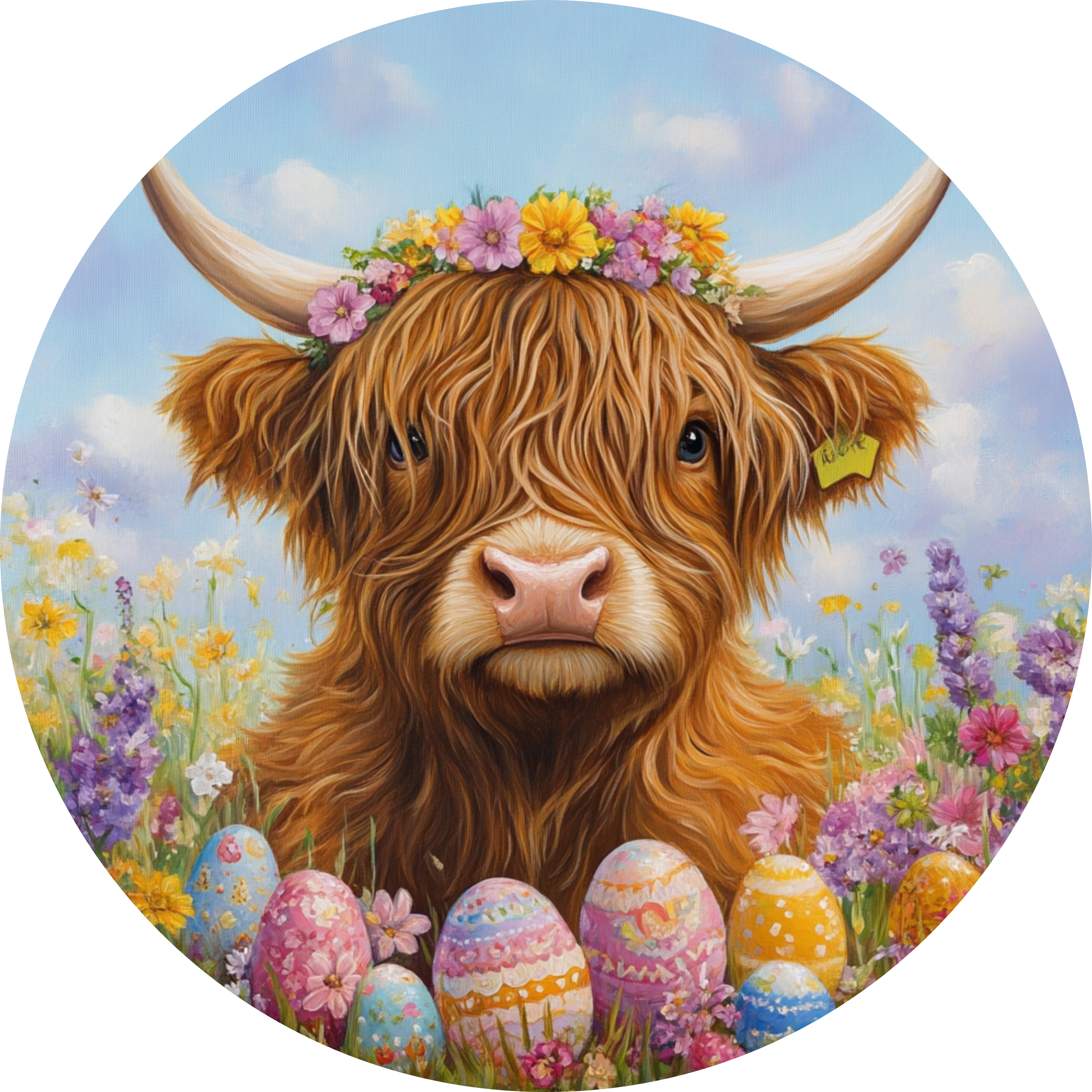 Letrero metálico de vaca de Pascua de las Tierras Altas: decoración redonda de animales de granja con corona floral y huevos, ideal como corona de primavera o como arte de pared rústico.
