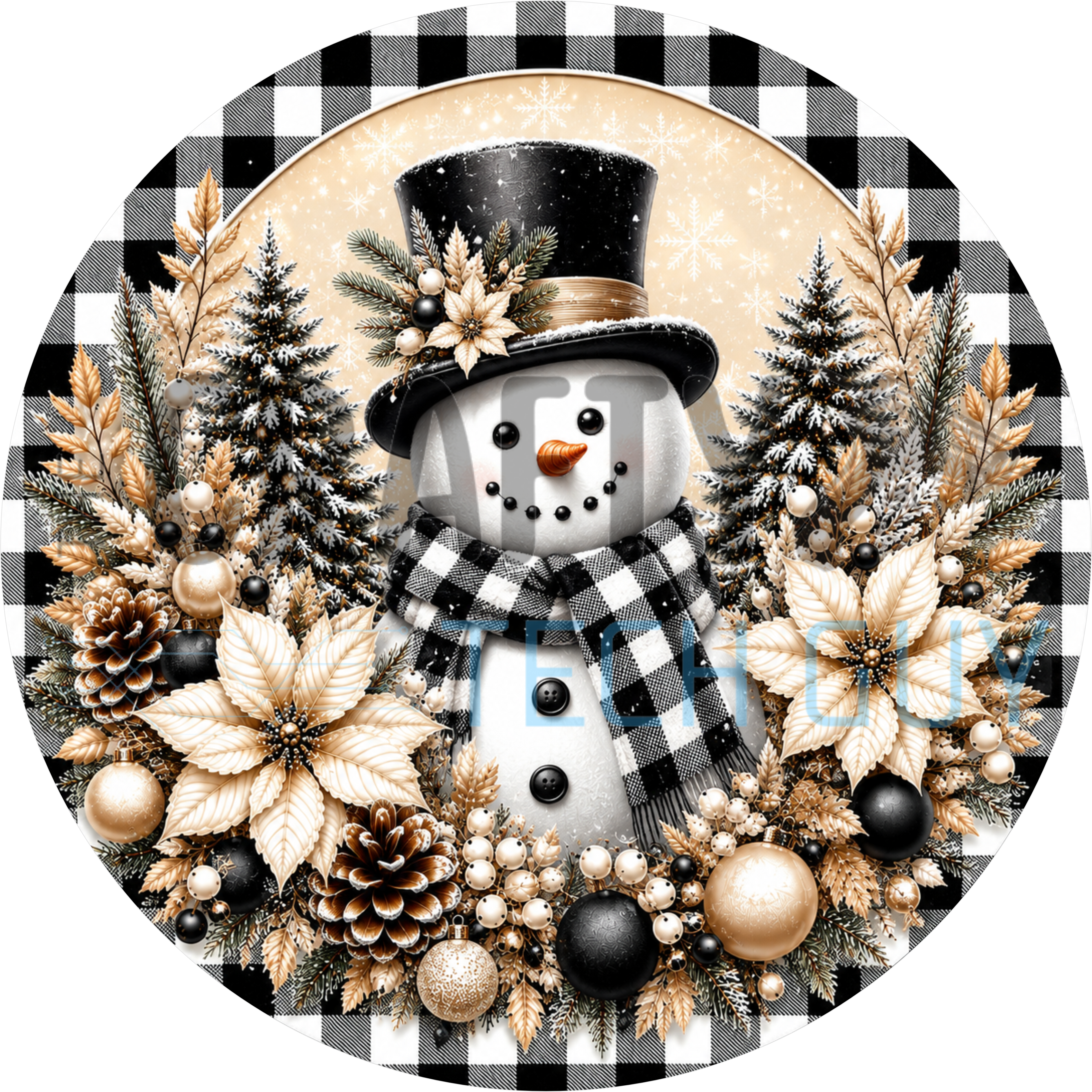 Elegant snowman round sign with black top hat, buffalo plaid scarf, cream poinsettias and gold ornaments on black and white buffalo check