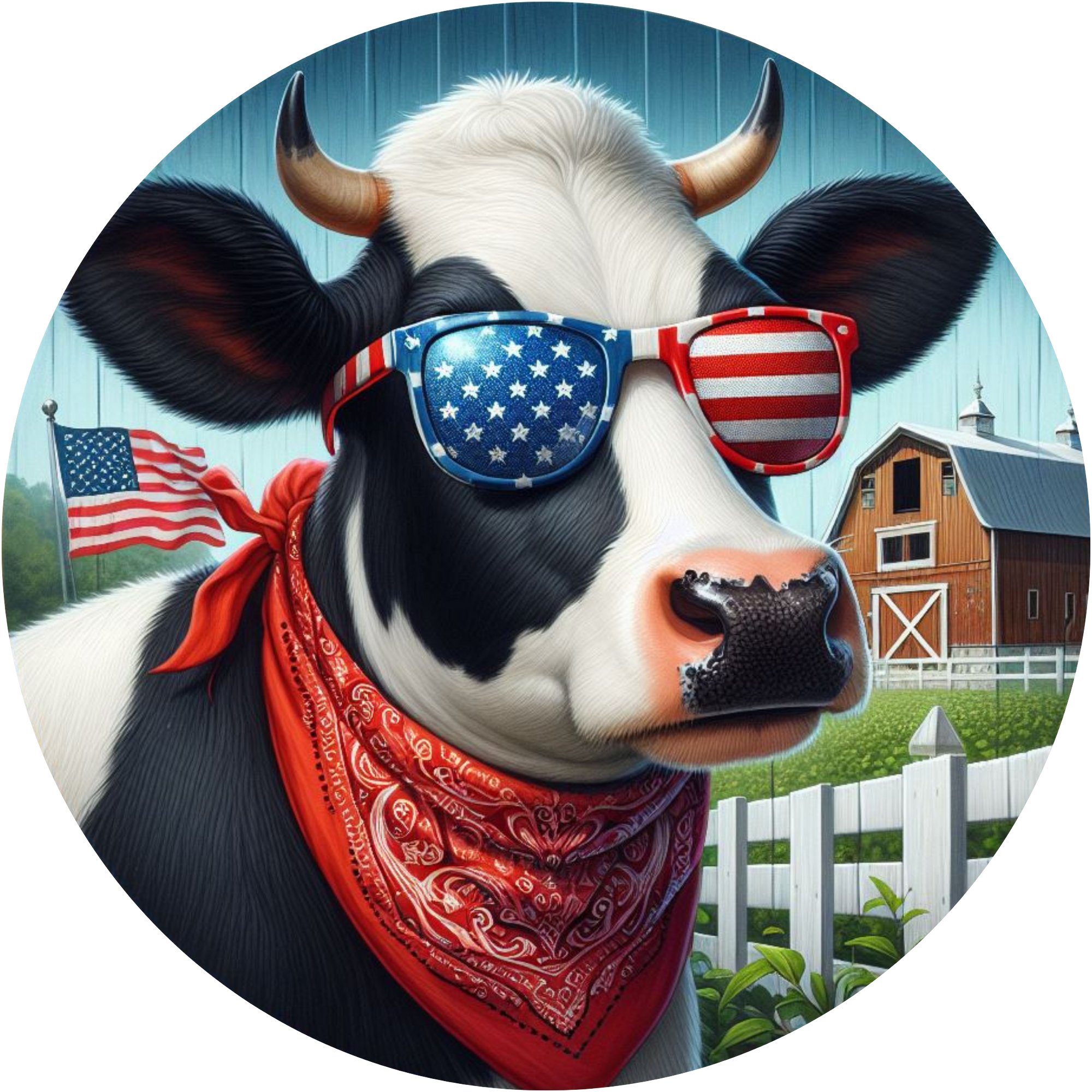 Patriotic Cow Sign – Farmhouse Decor with American Flag Glasses, Red Barn, and Bandana for Summer and 4th of July