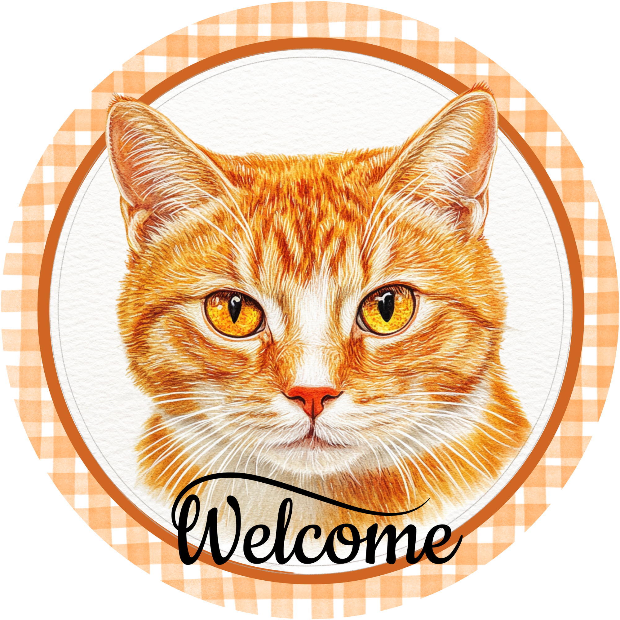 Welcome Orange Tabby Cat Sign, Cute Cat Lover Home Decor, Orange Gingham Cat Welcome Sign