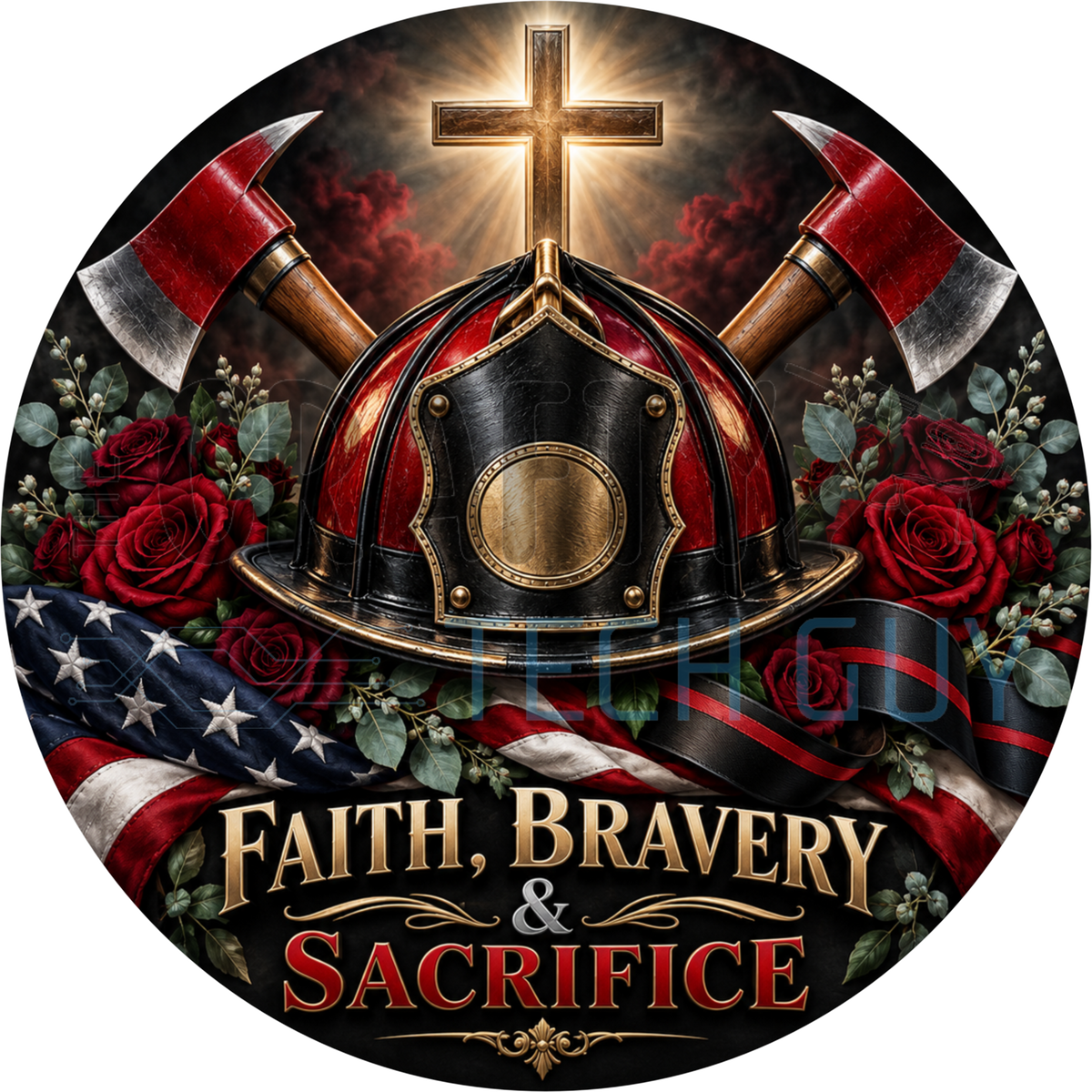Faith Bravery And Sacrifice round wreath sign with a firefighter helmet over crossed axes, a glowing cross, red roses and a draped flag