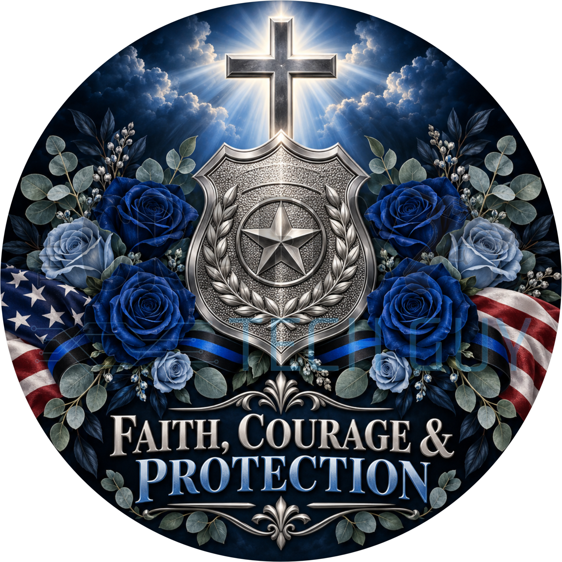 Faith Courage And Protection round wreath sign with a silver star police badge in a laurel wreath, glowing cross and blue roses