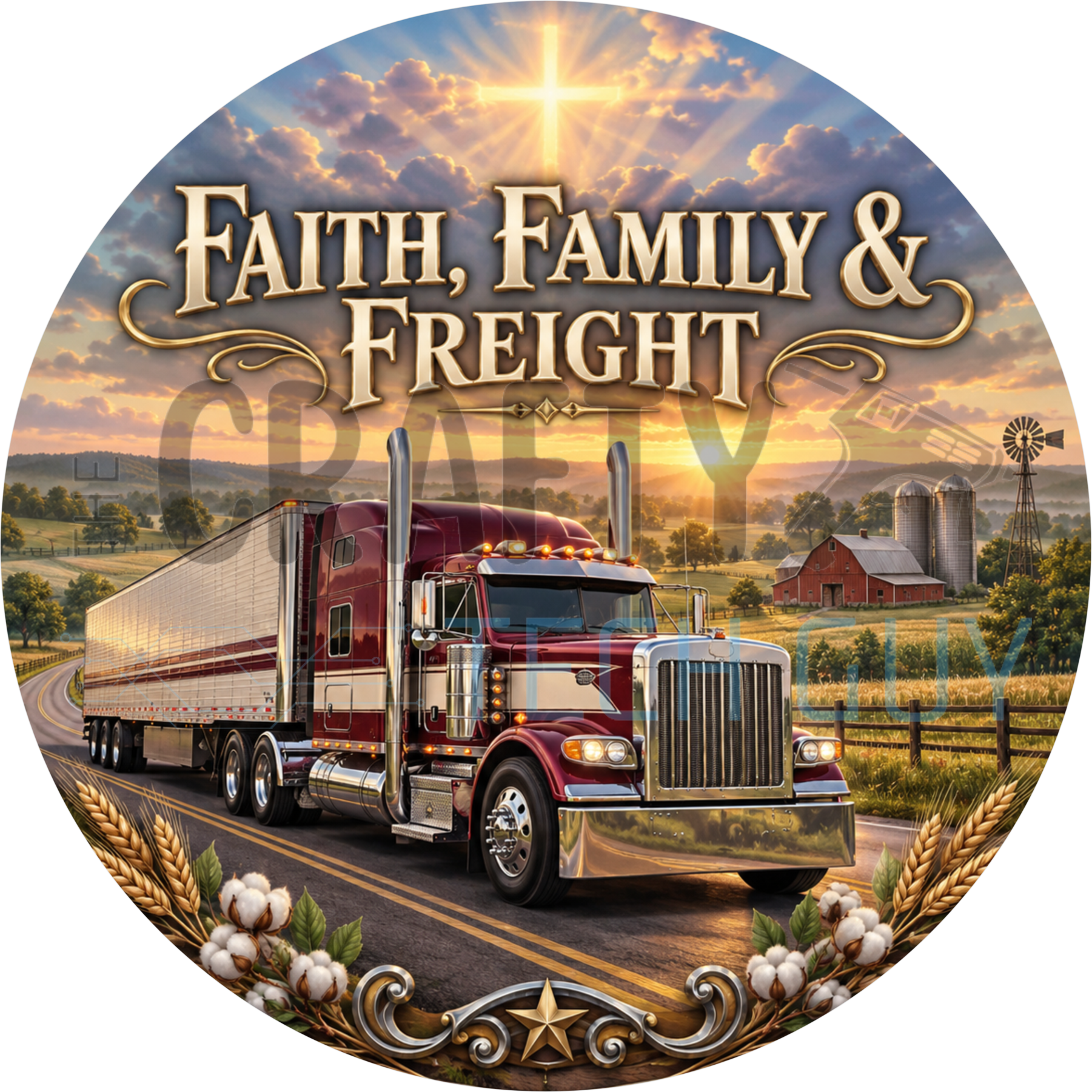 Faith Family And Freight round wreath sign with a maroon semi truck on a country road, red barn, windmill and a radiant cross at sunset