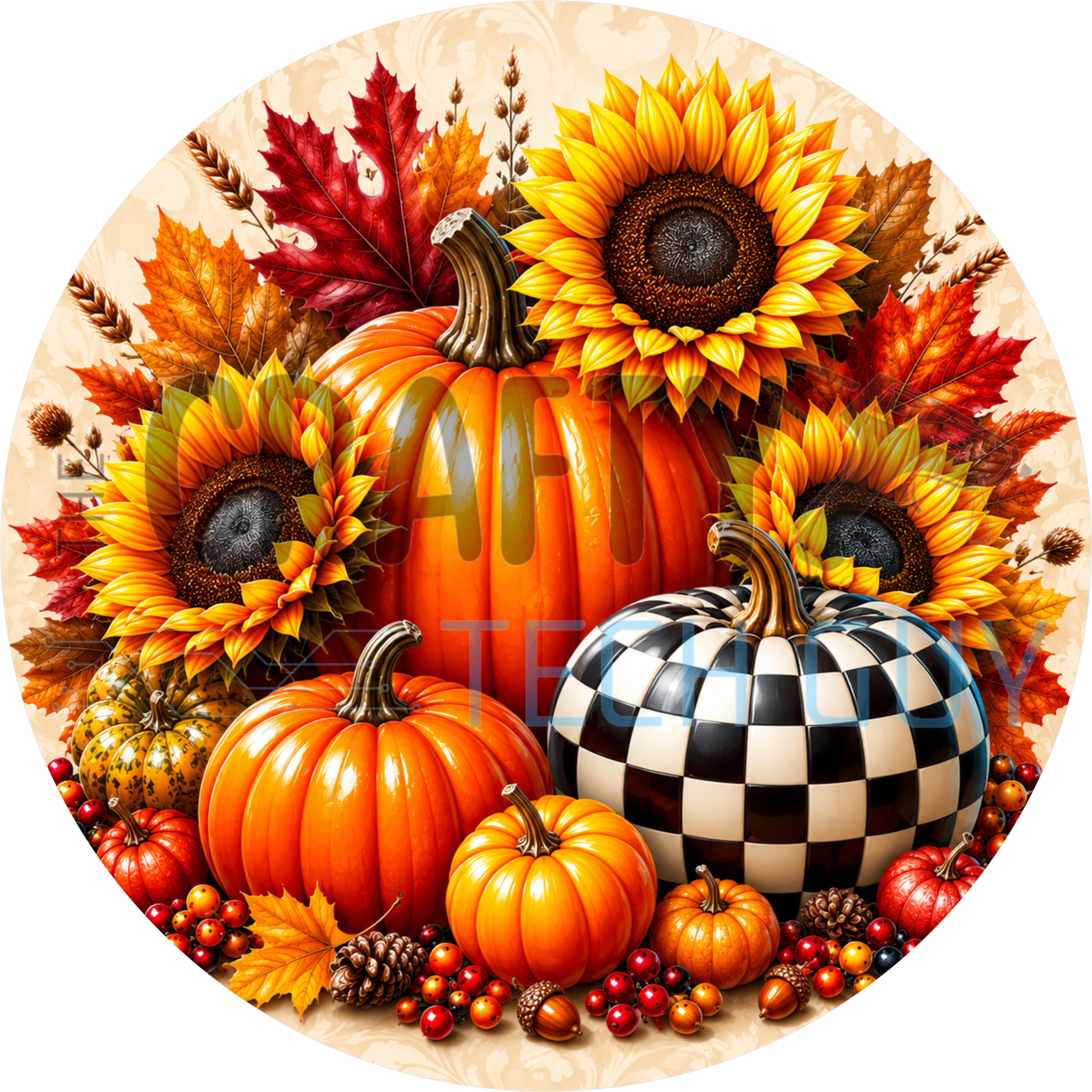 Round fall sign with sunflowers, orange pumpkins, black and white checkered pumpkin, acorns and red leaves on cream damask