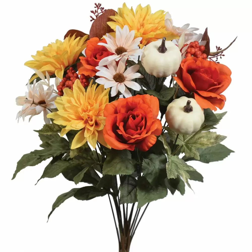 Fall floral bush with cream pumpkins, orange roses, yellow dahlias and cream daisies on green foliage stems