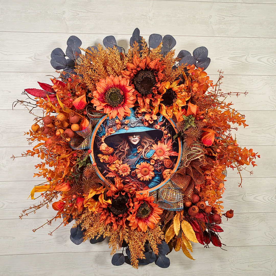 Autumn Witch Sunflower Wreath with Orange Fall Florals, Harvest Leaves, and Moody Botanical Accents for Front Door Decor