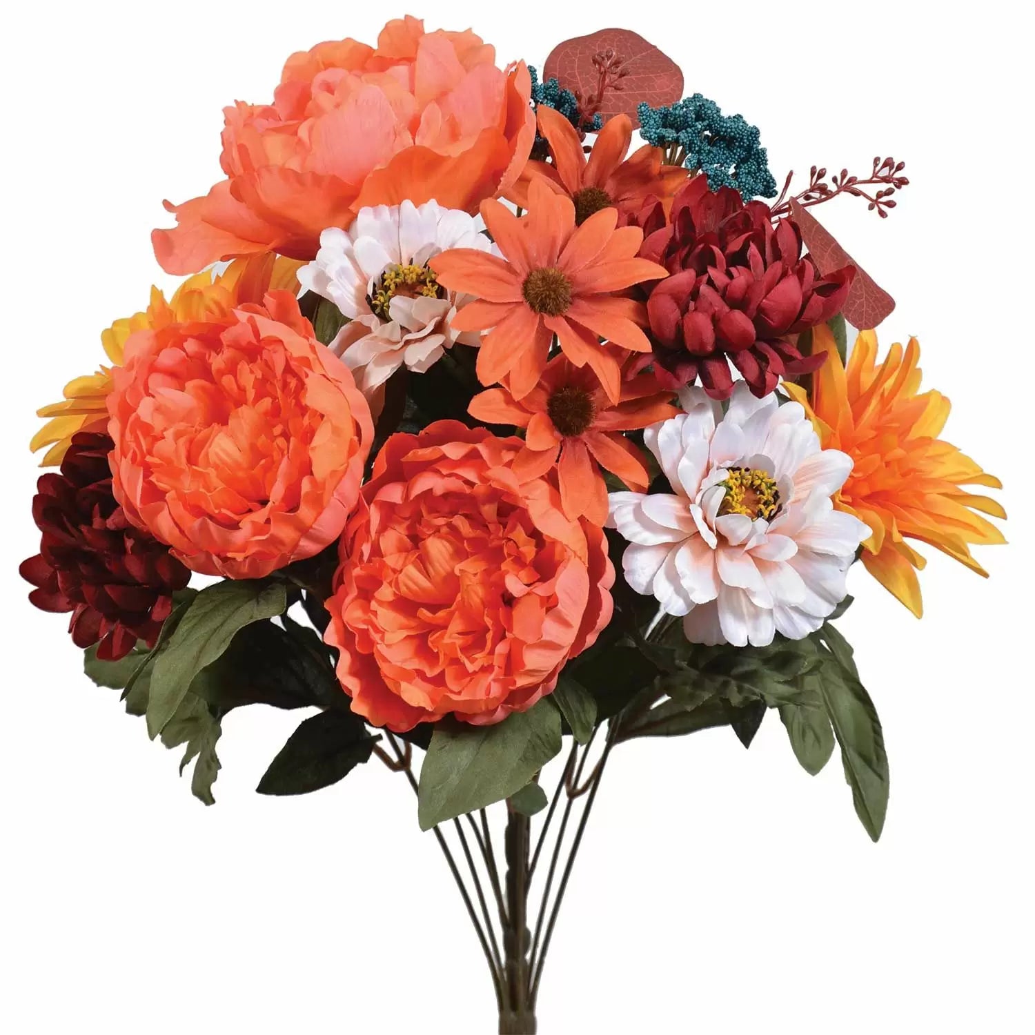 Fall peony bush with coral orange peonies, burgundy mums, yellow dahlias, cream zinnias and teal berry accents