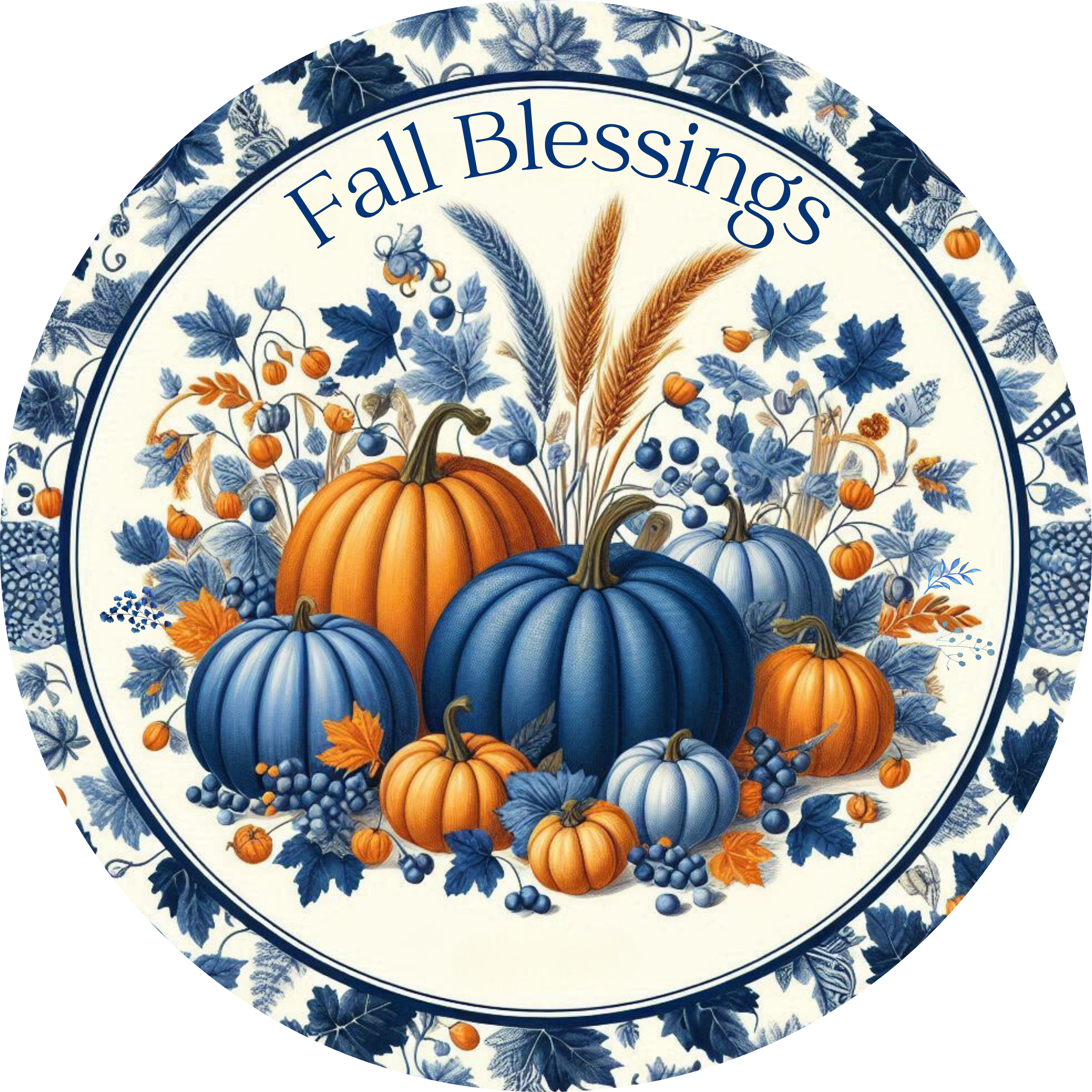 Letrero de calabaza "Bendiciones de otoño": calabazas azules y naranjas con hojas y trigo para decorar el otoño.