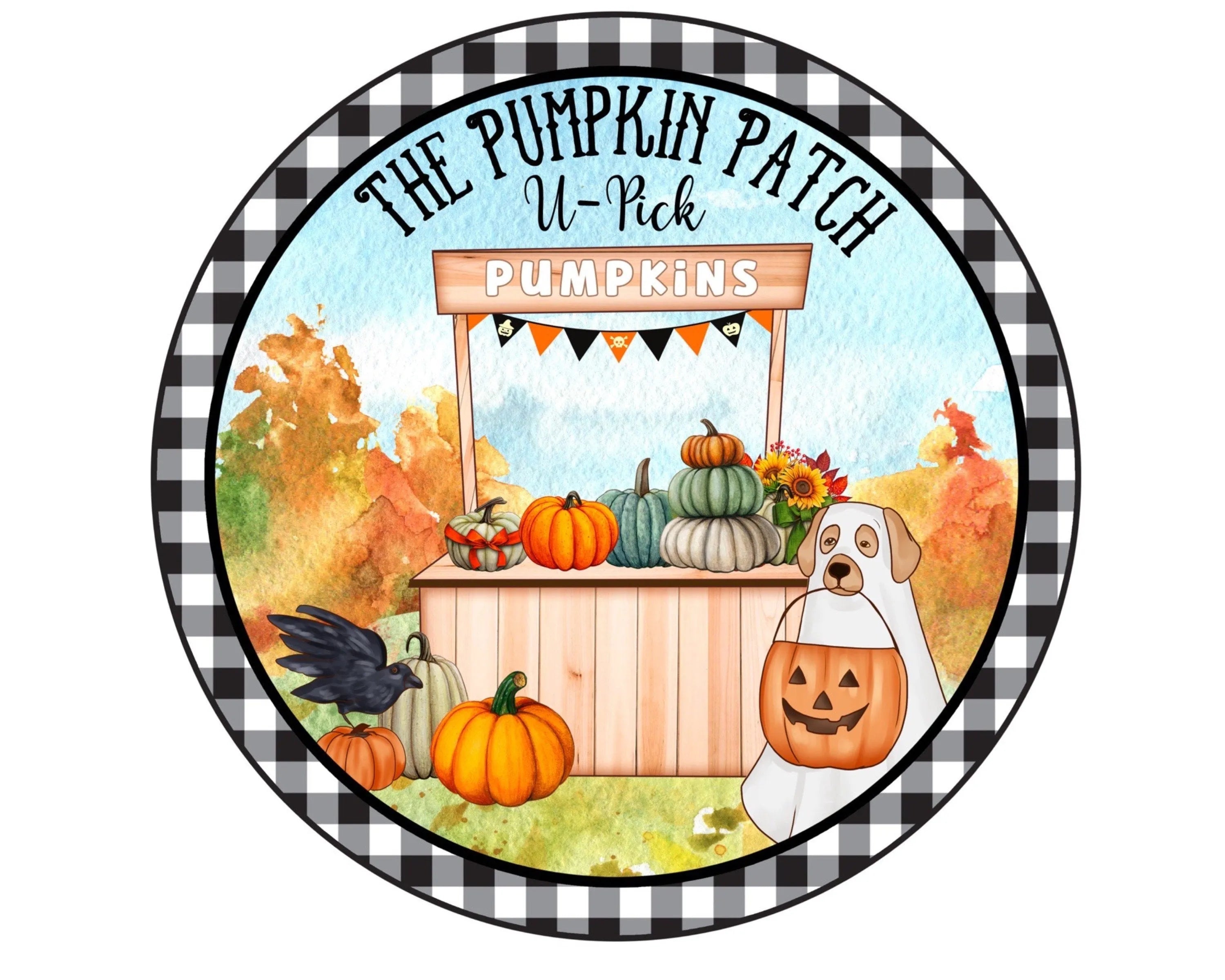 Letrero de corona de calabaza con diseño de cuadros escoceses de otoño, accesorio de corona de perro con disfraz de fantasma, arte de pared con soporte de calabaza U Pick, letrero de Halloween