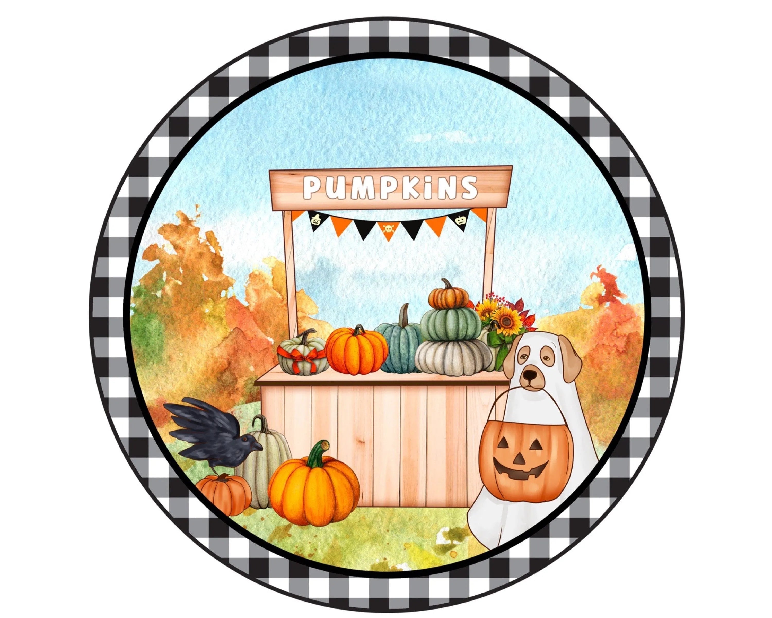 Letrero de corona de calabaza con diseño de cuadros escoceses de otoño, accesorio de corona de perro con disfraz de fantasma, arte de pared con soporte de calabaza U Pick, letrero de Halloween