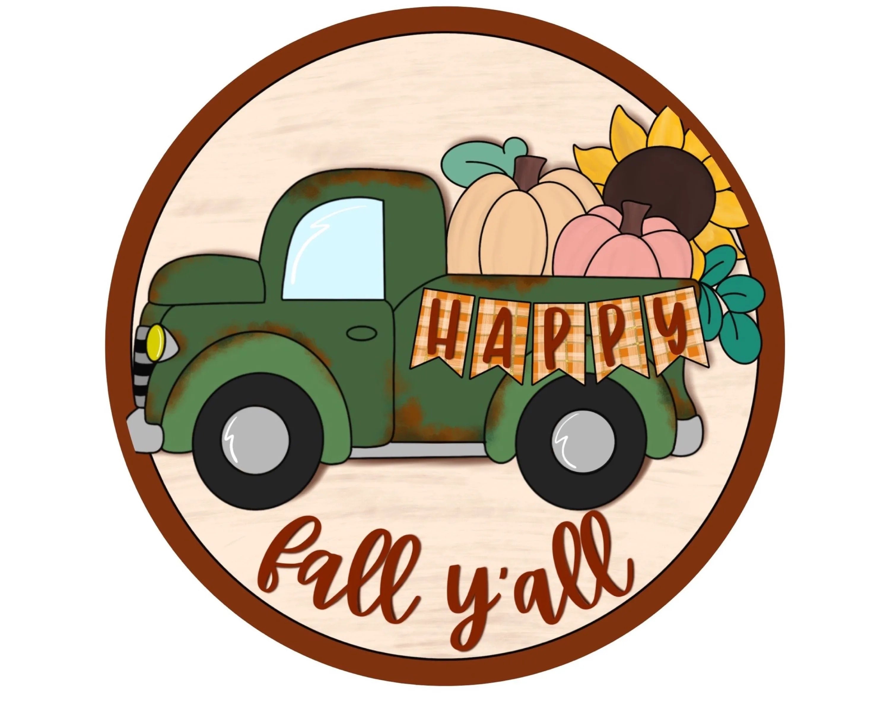 Fall Green vintage truck with pumpkins and sunflowers Wreath Sign, rustic antique truck farmhouse wreath attachment, happy fall y'all