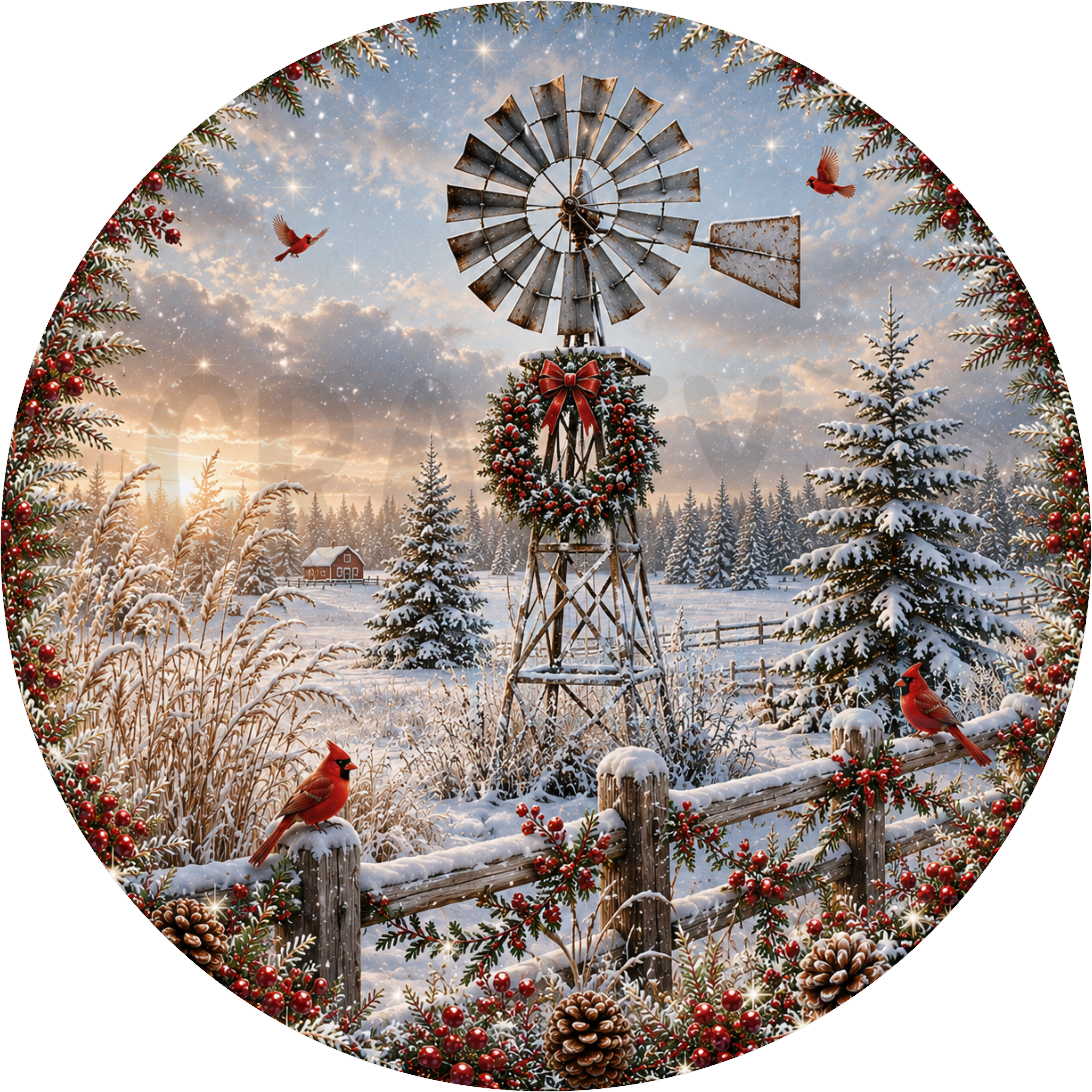 Farm windmill Christmas round wreath sign with a berry wreath and red bow, cardinals on a snowy split-rail fence and a red barn in the distance