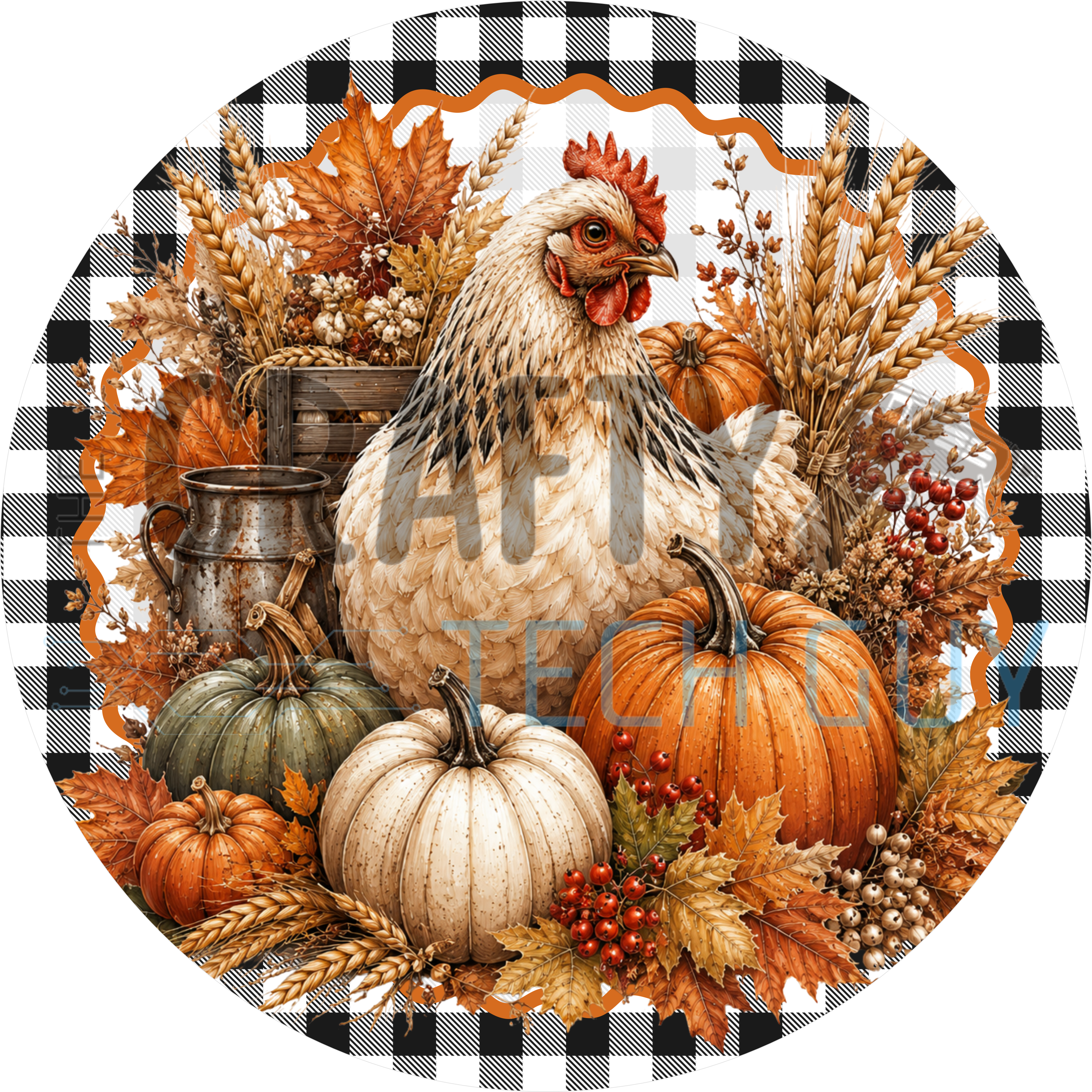 Farmhouse hen round sign with speckled chicken, milk can, white and orange pumpkins, wheat and fall leaves on black and white buffalo check
