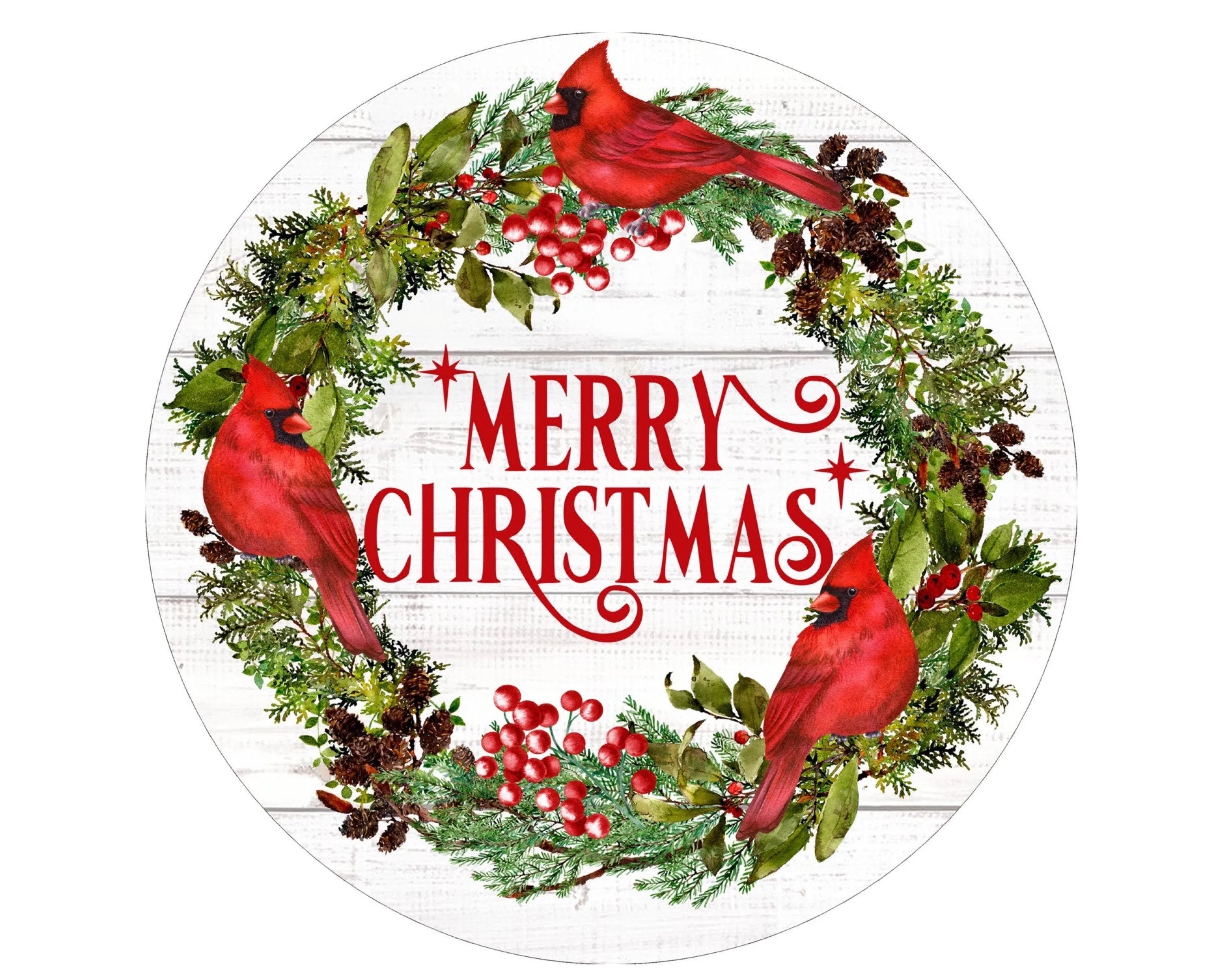 Letrero navideño de granja con cardenales rojos y acebo, letrero tradicional de corona navideña campestre, regalo de cardenal rojo