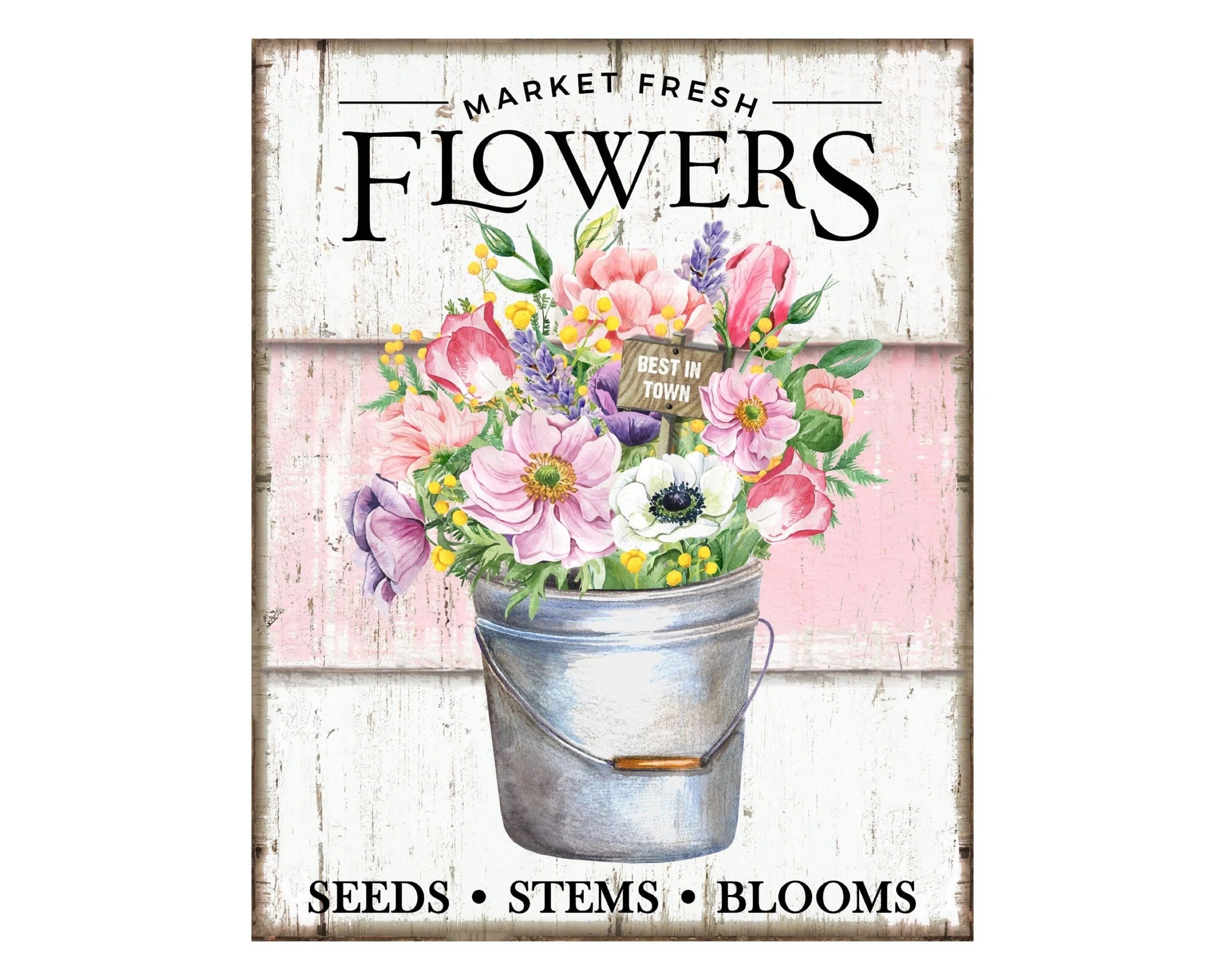 Letrero de flores de granja, letrero de corona floral vintage, decoración de flores frescas de mercado, decoración rosa primitiva, cubo de metal vintage, letrero desgastado