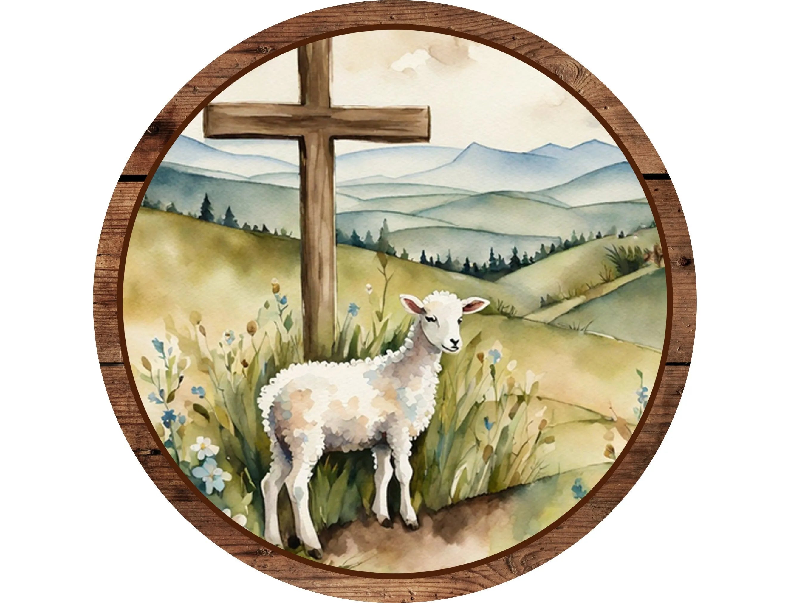 farmhouse rustic barn wood cross with lamb wreath sign, floral religious wooden cross decor, church sign, Easter sign