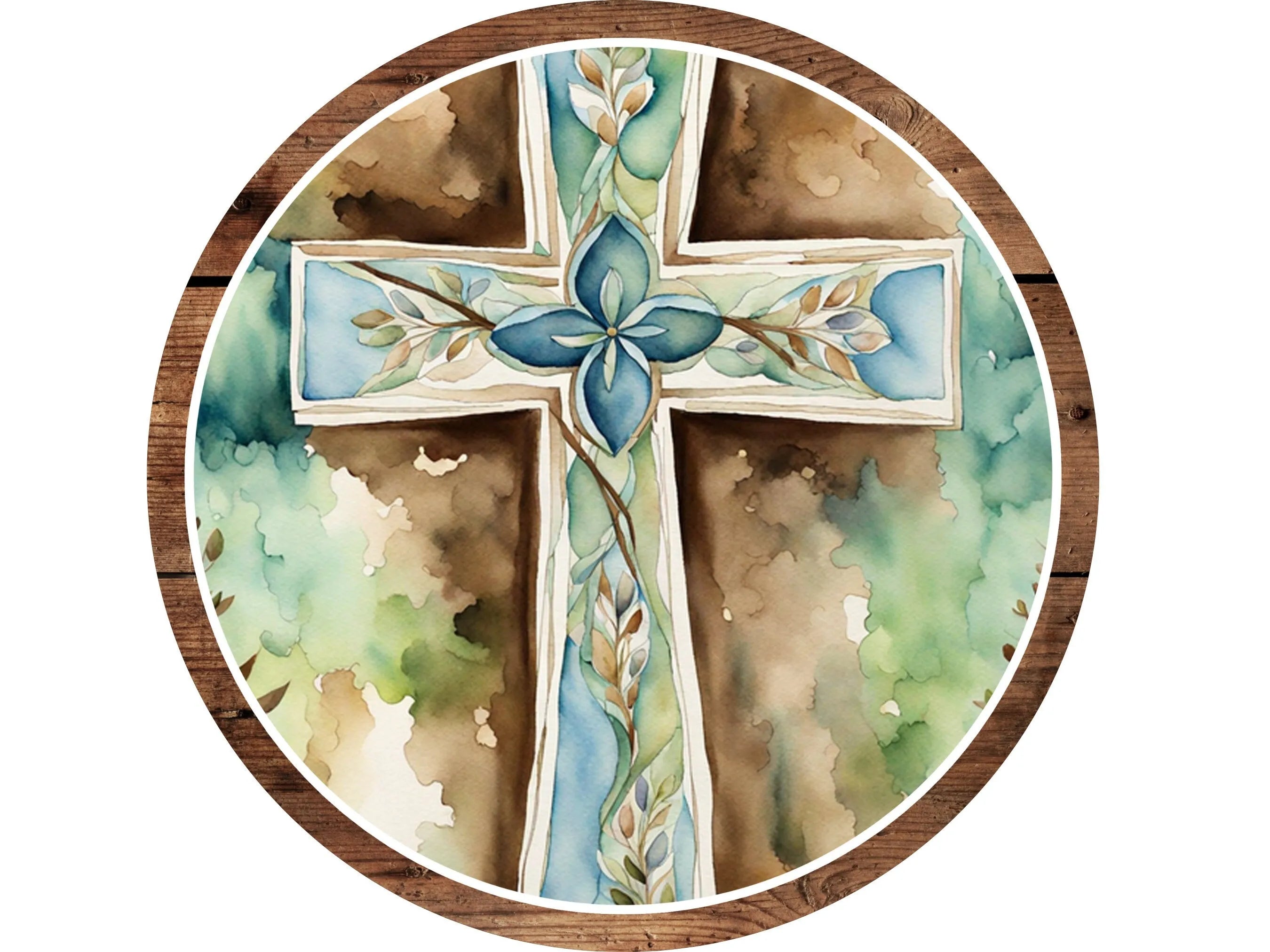 Letrero de corona de cruz floral de madera rústica de granero de granja, decoración de cruz de madera religiosa floral, letrero de iglesia, letrero de Pascua