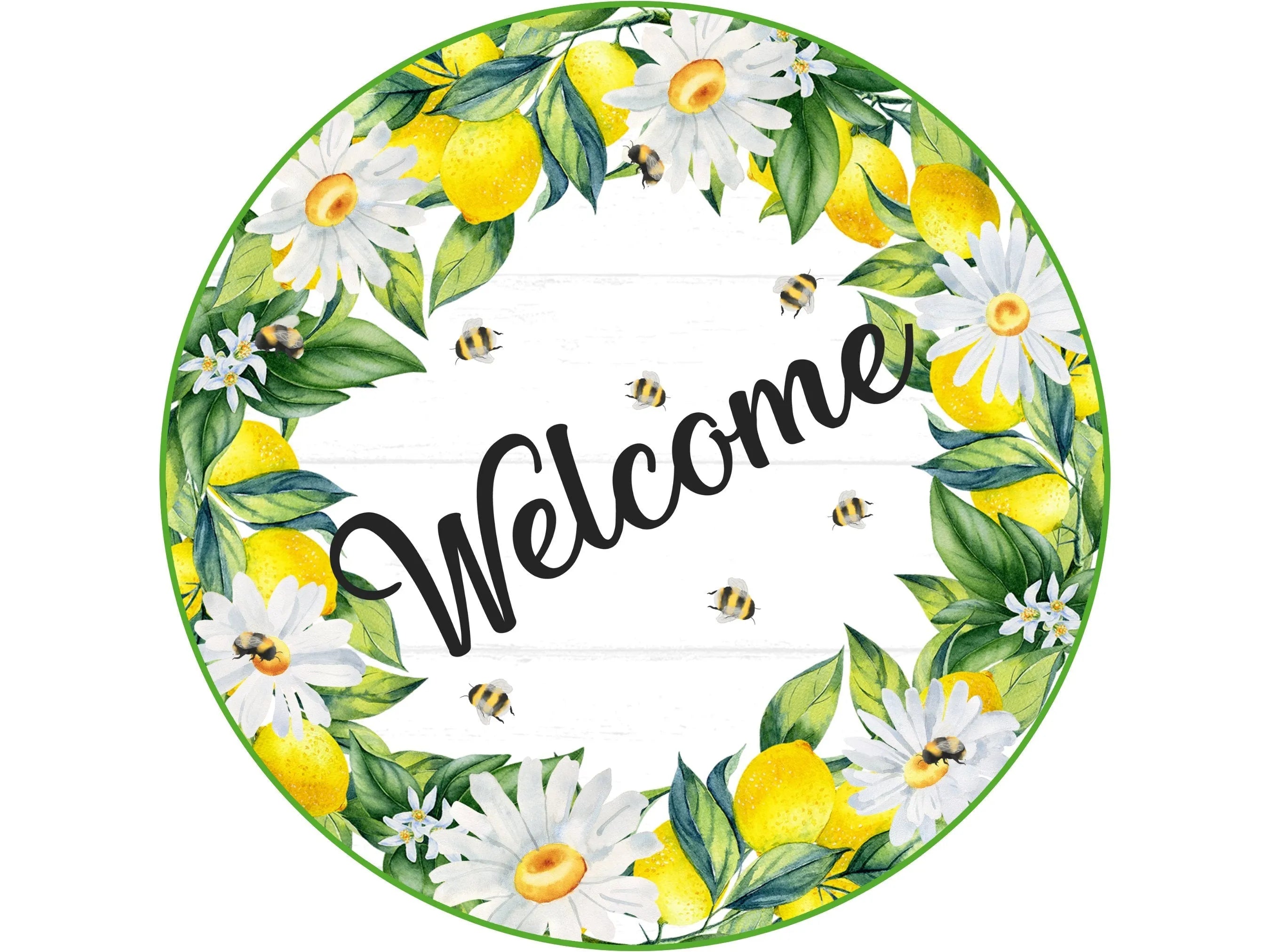 Letrero de corona de limón con margaritas y abejas estilo rústico, margaritas de granja con limones y abejas, letrero para primavera, letrero para verano