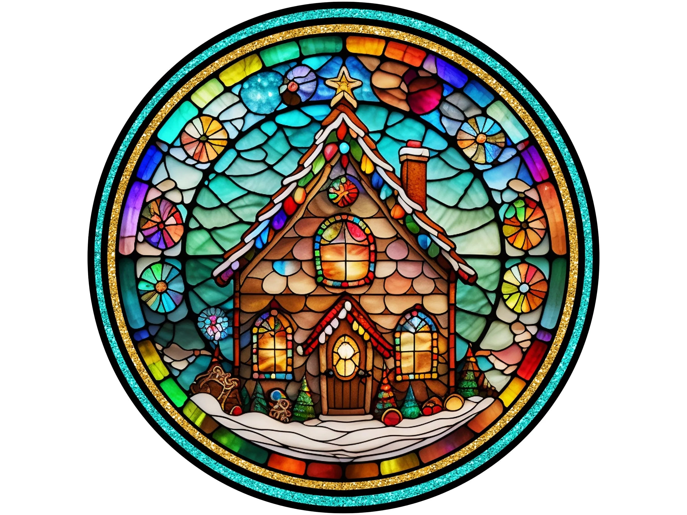 Casa de jengibre con vidrieras falsas y corona de borde verde, letrero para diciembre, letrero para Navidad