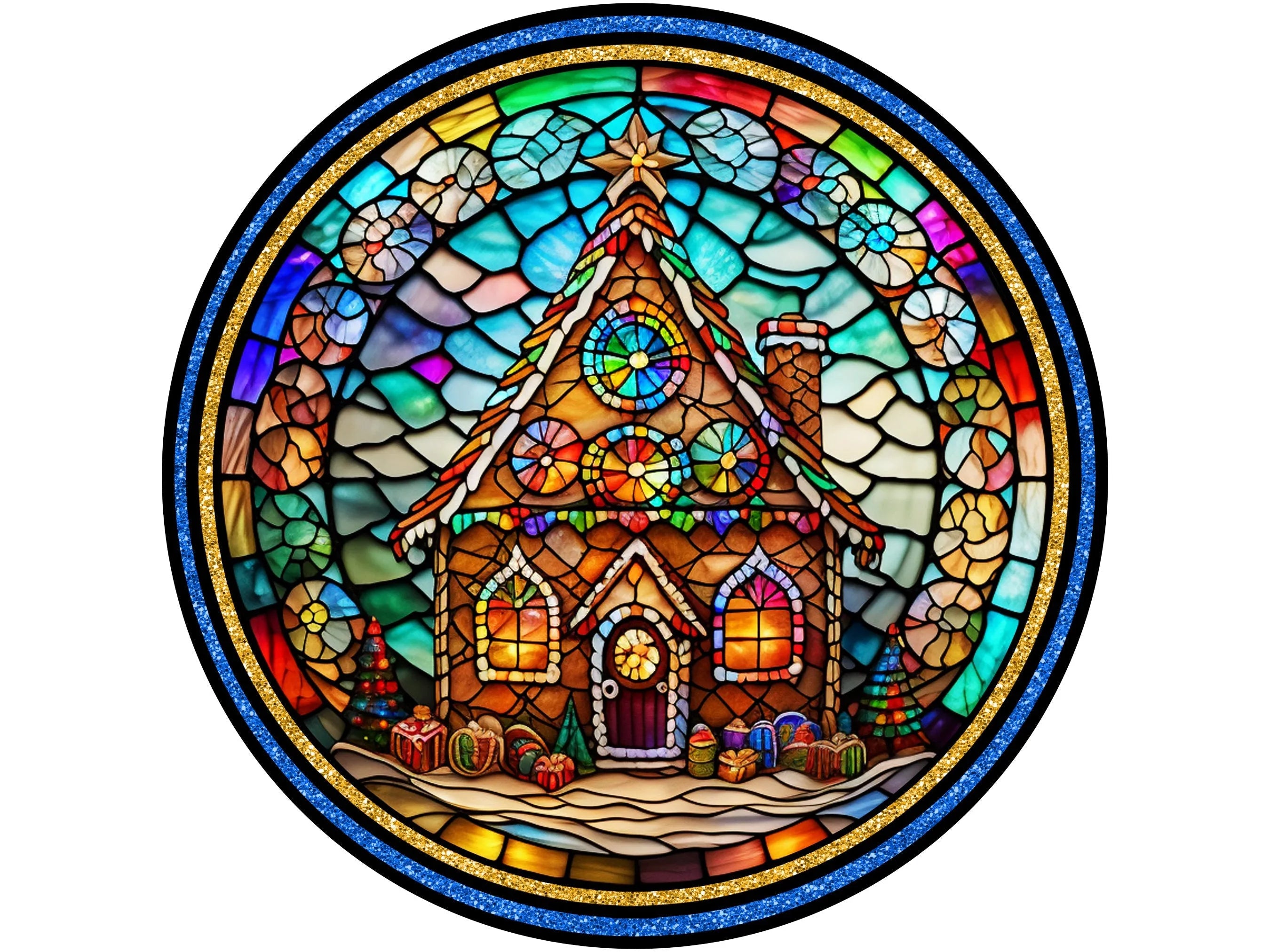 Letrero de corona de casa de jengibre con borde azul y vidrieras falsas, letrero para diciembre, letrero para Navidad