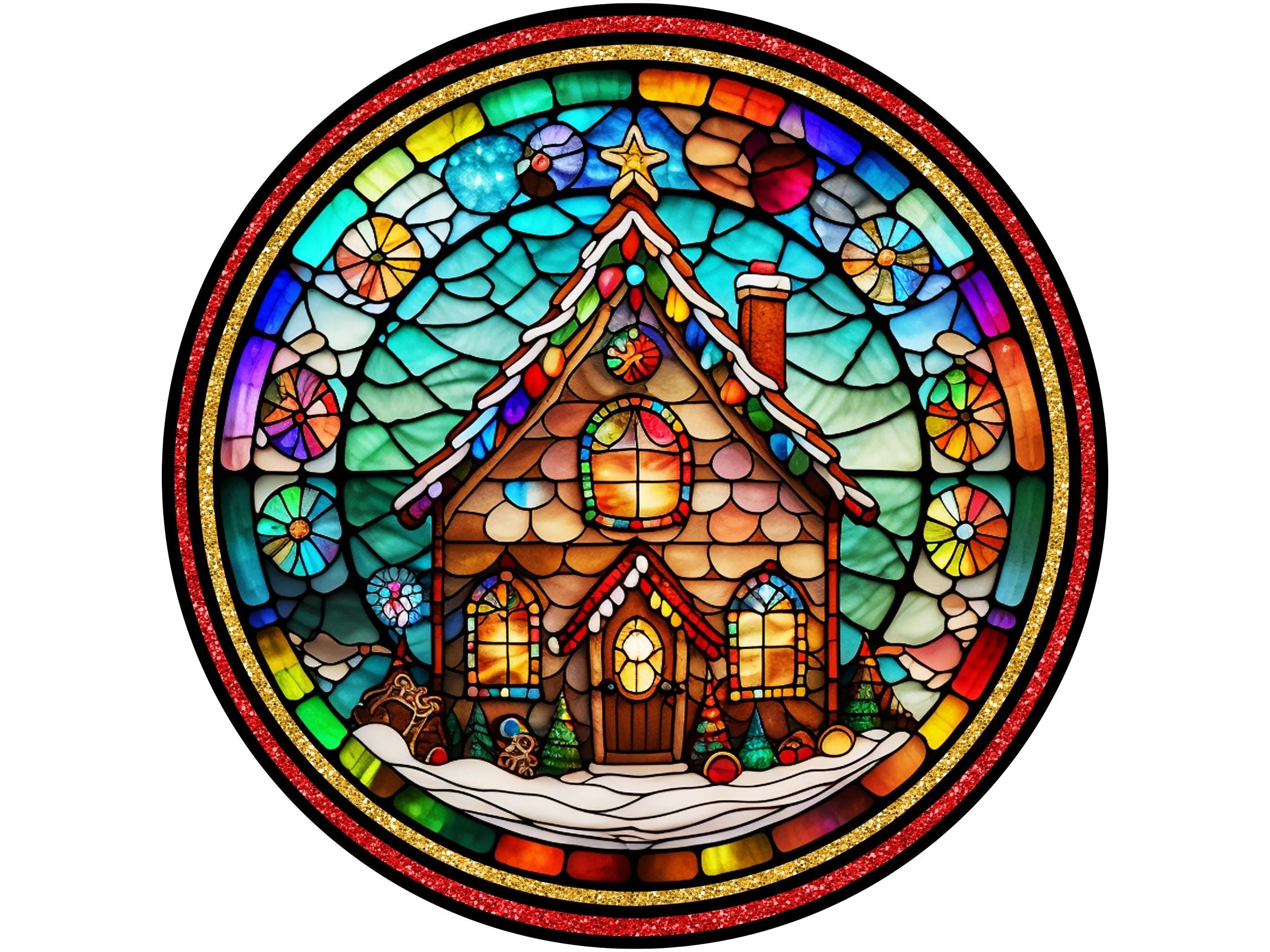 Casa de jengibre con vidrieras falsas y borde rojo (2), letrero de corona, letrero para diciembre, letrero para Navidad