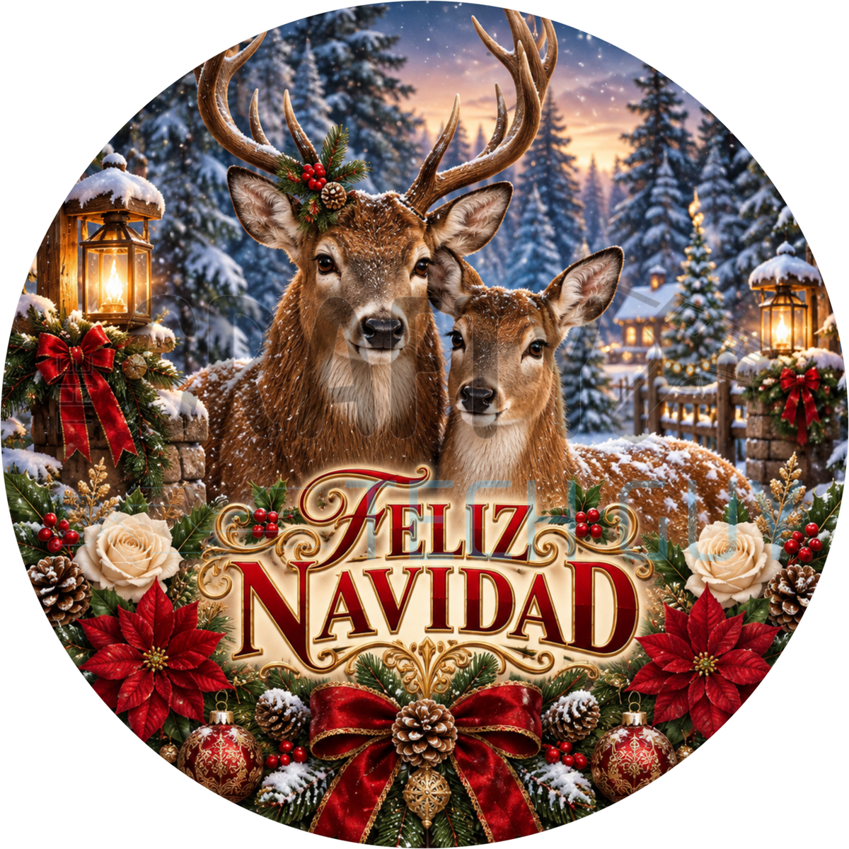 Feliz Navidad round wreath sign with a whitetail buck and doe in a snowy pine forest, hanging lanterns, poinsettias and a red bow