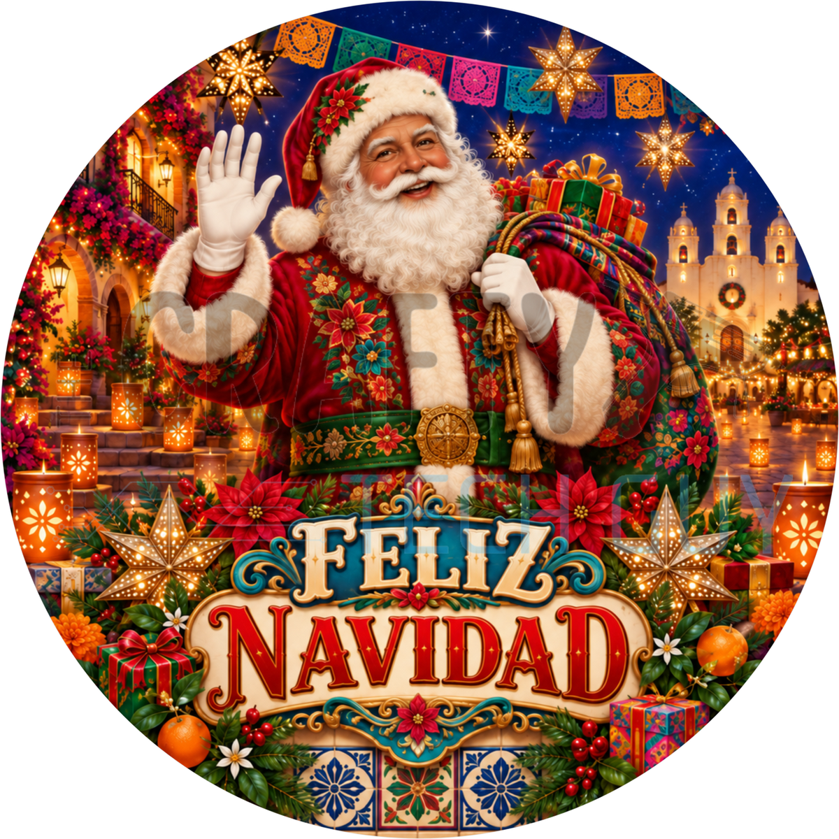 Feliz Navidad round wreath sign with a waving Santa in embroidered red, papel picado banners, star lanterns and a colonial church at night