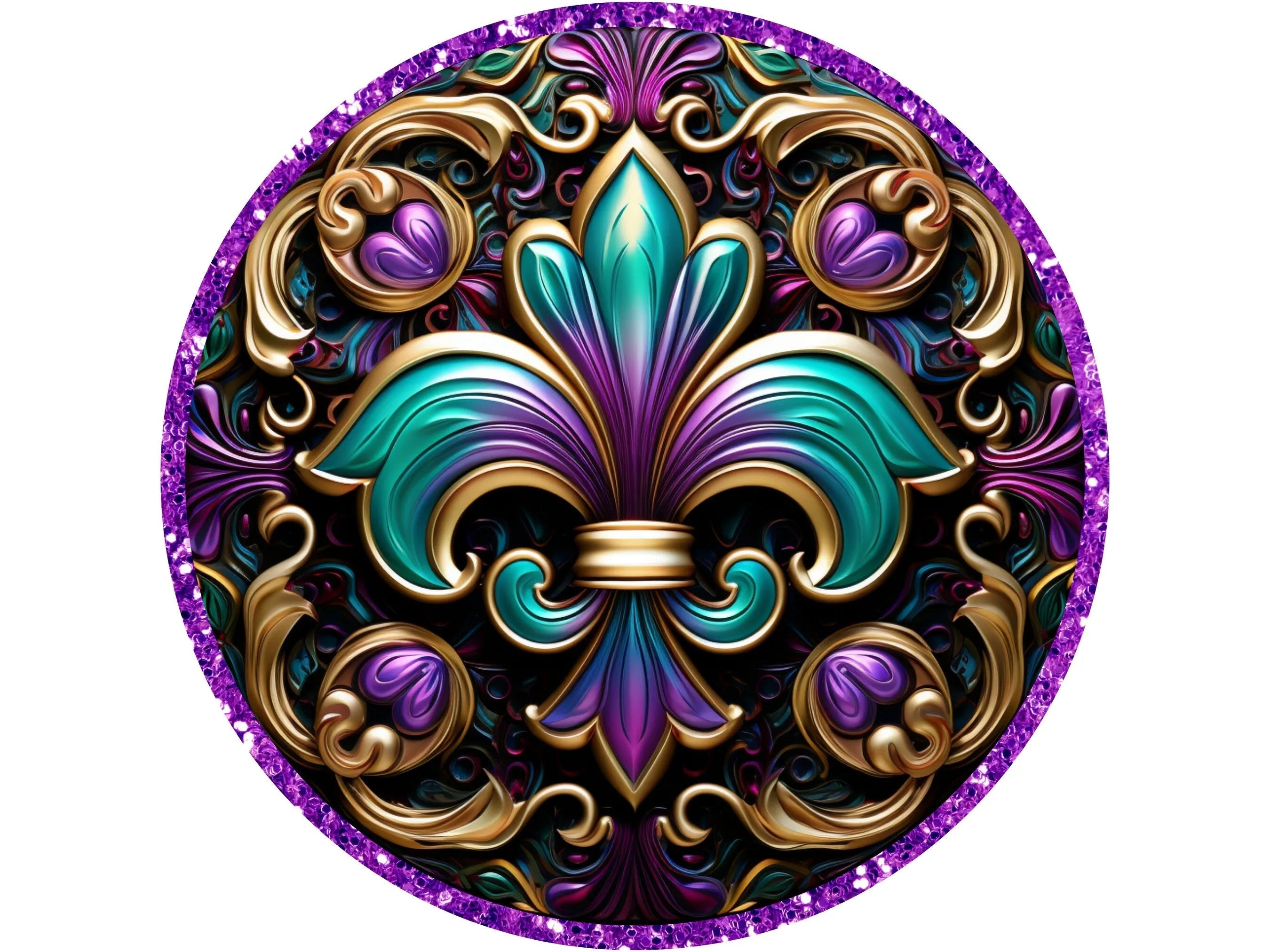 Letrero de corona de fiesta de Mardi Gras con flor de lis, arte de pared con símbolo francés con purpurina violeta brillante, elegante accesorio de corona violeta y verde
