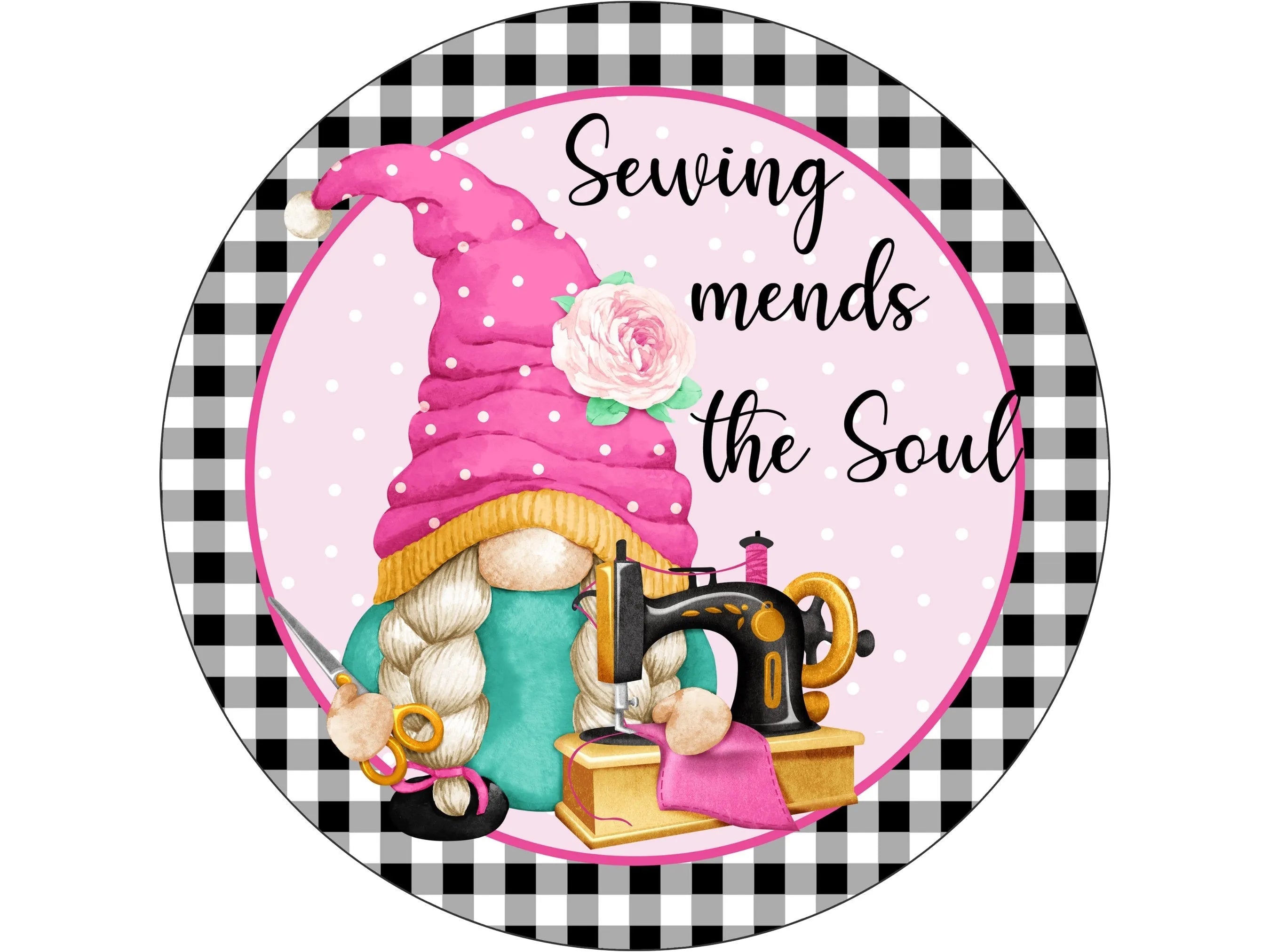 Máquina de coser vintage floral con letrero de corona de gnomo, letrero para sala de manualidades, letrero para uso diario, accesorio de corona de máquina de coser antigua negra