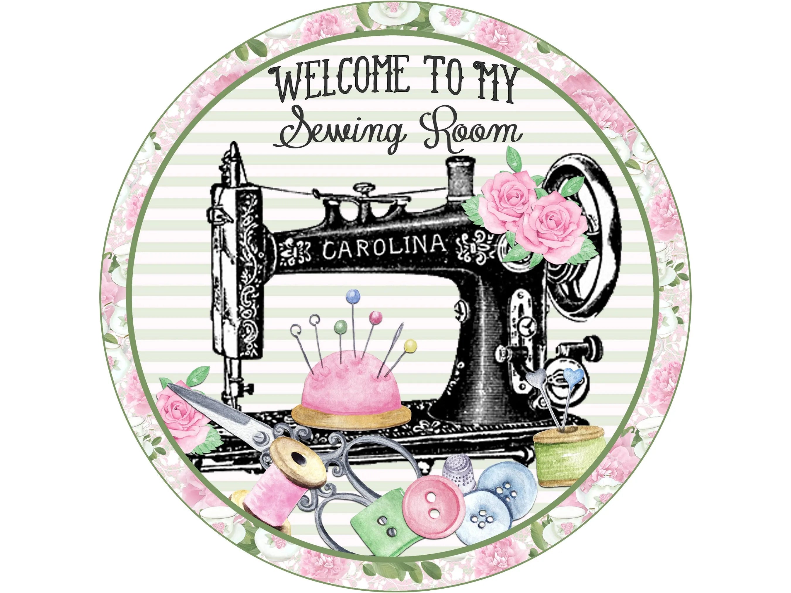 Letrero floral vintage con forma de corona para máquina de coser, letrero para sala de manualidades, letrero para uso diario, accesorio de corona para máquina de coser antigua negra