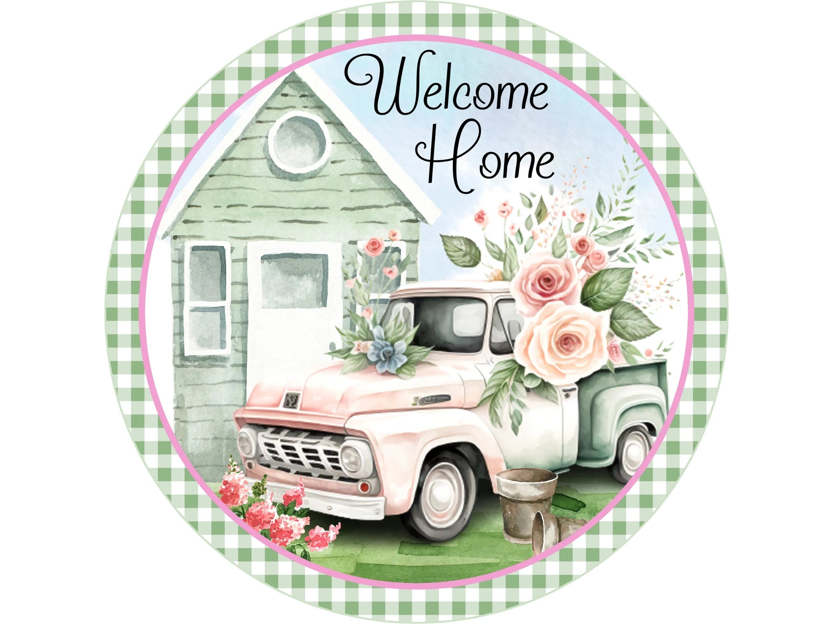 Letrero de corona de metal con diseño floral vintage de camión y cabaña con rosas, decoración vintage de camión, arte de pared con cuadros verdes de granja y rosas color melocotón.