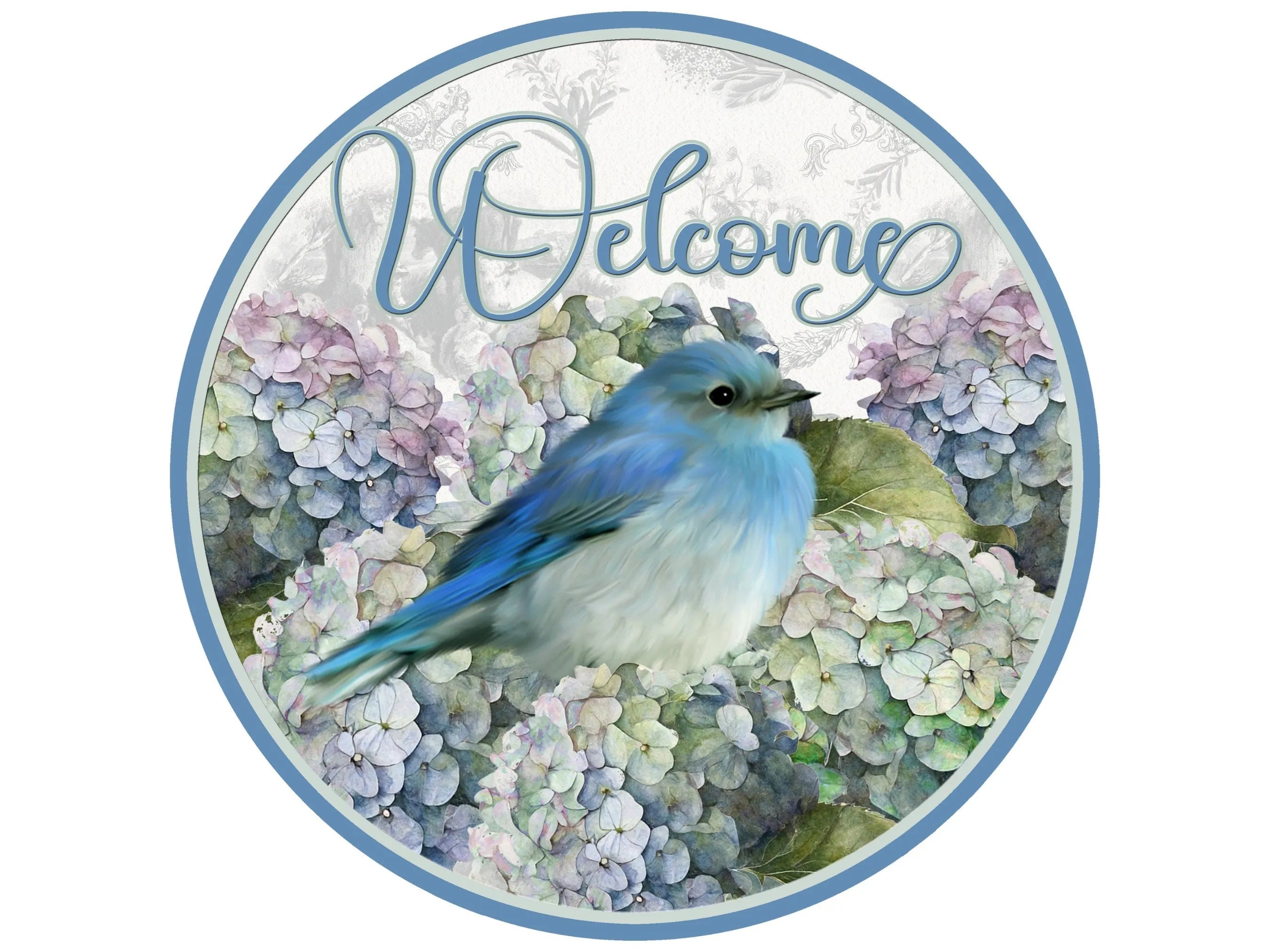floral watercolor blue bird hydrangea wreath sign, light blue and purple flowers with bird wall art, kitchen wreath sign, sign for spring