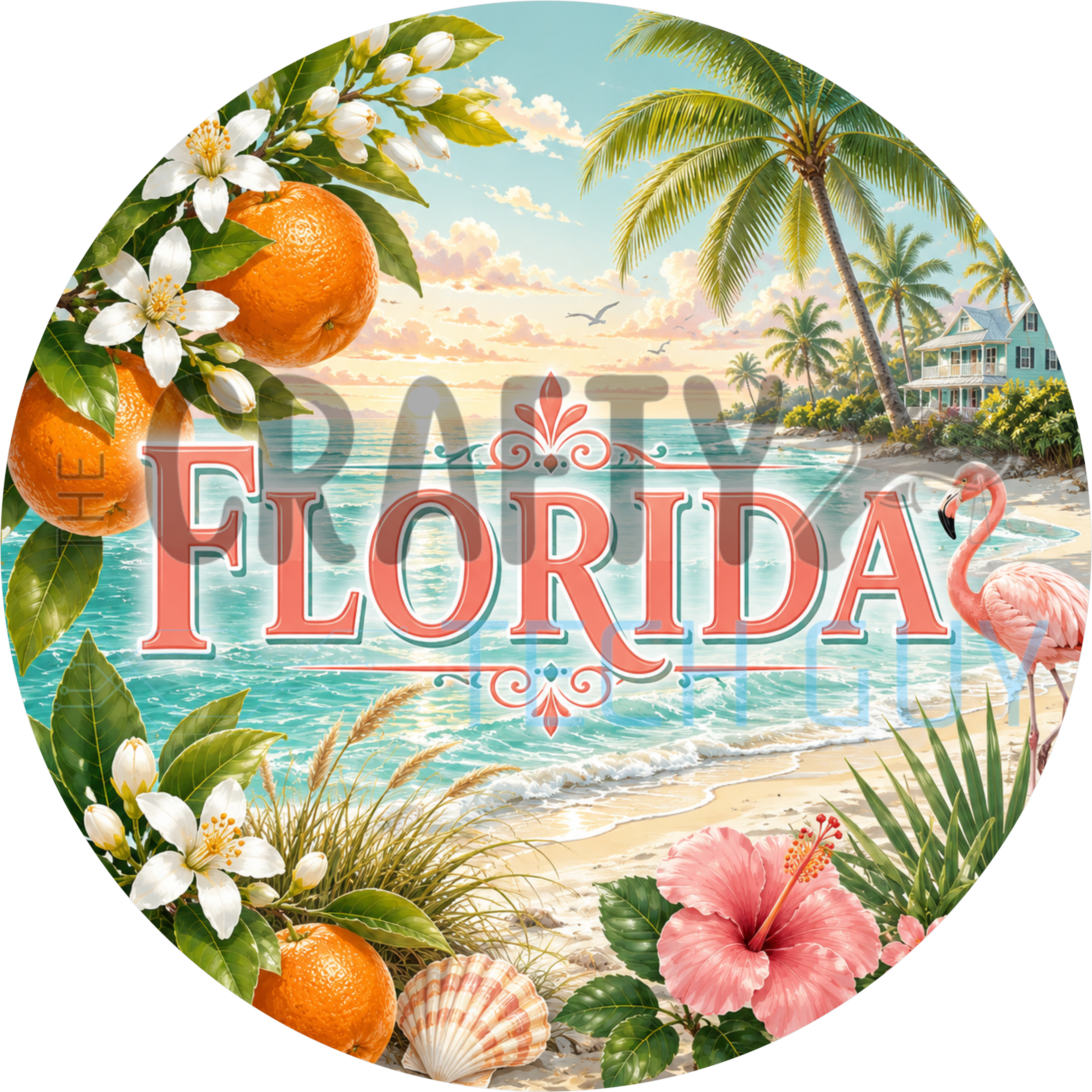 Florida round wreath sign in coated aluminum, showing a pink flamingo among hibiscus and orange blossoms on a turquoise beach