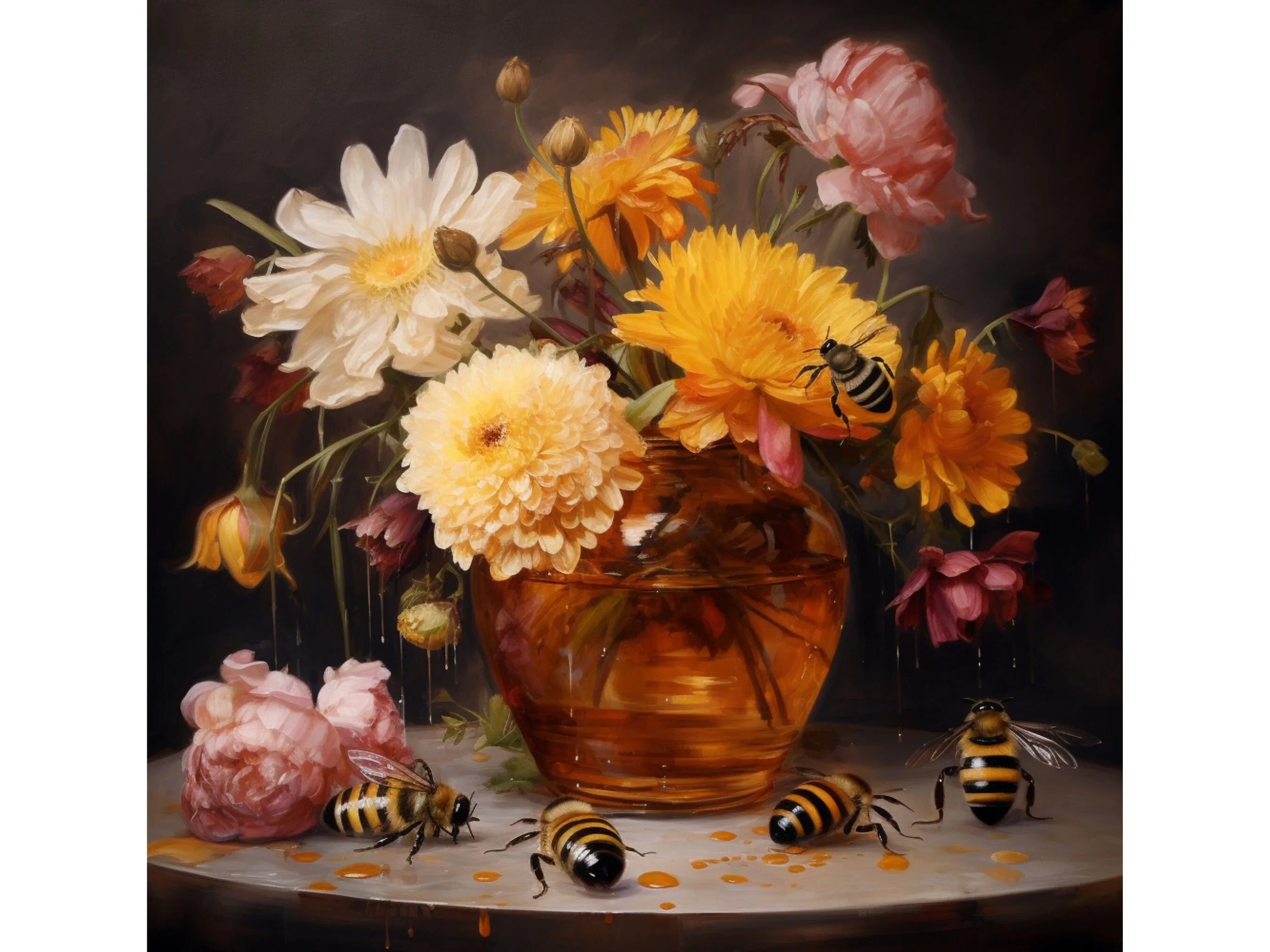 Jarrón de flores con flores de primavera, letrero de corona de miel y abejas, abejas realistas con flores, pintura de arte de pared, flores de abejas y miel