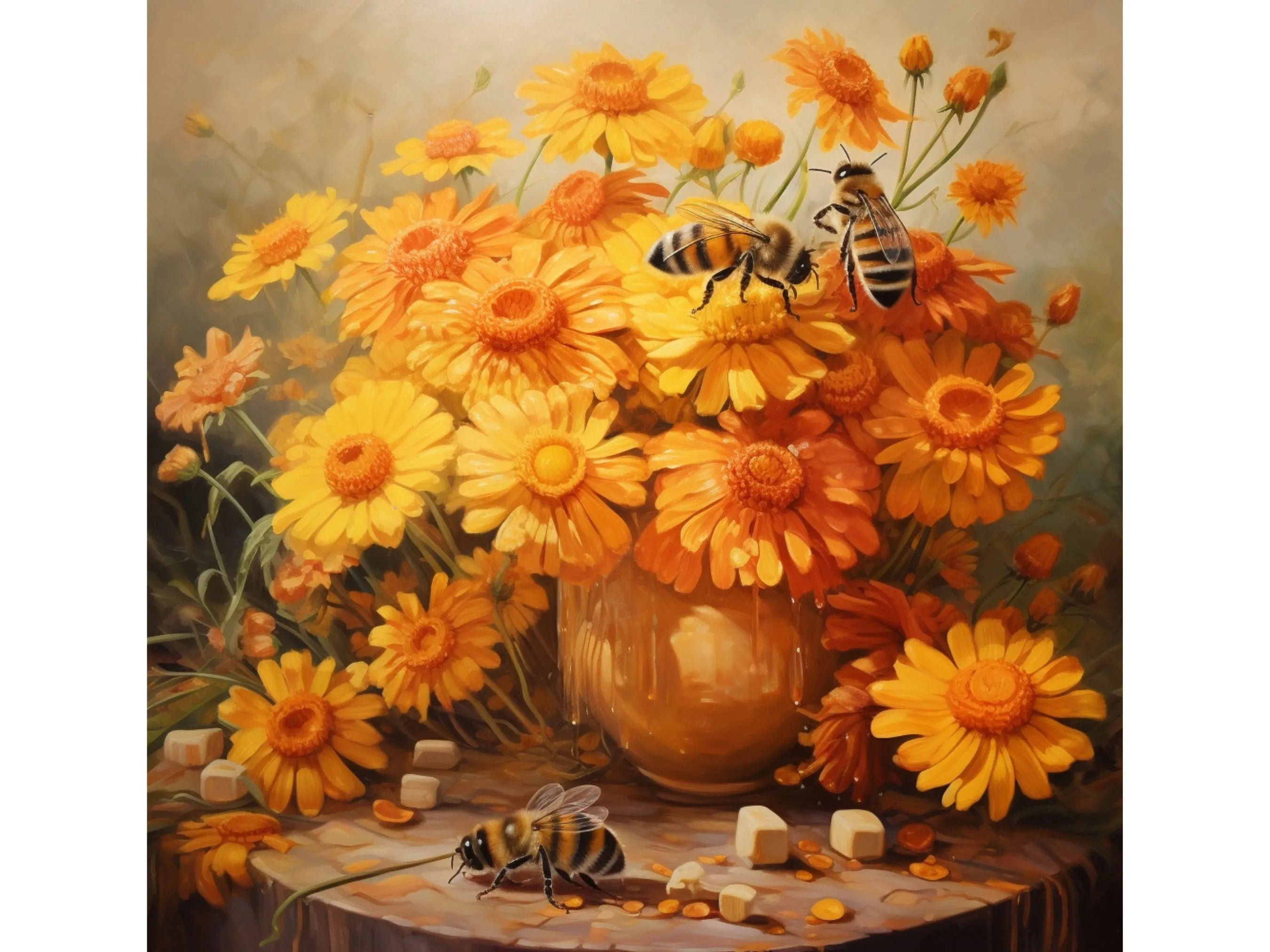Jarrón de flores con flores de primavera, letrero de corona de miel y abejas, abejas realistas con flores, pintura de arte de pared, flores de abejas y miel
