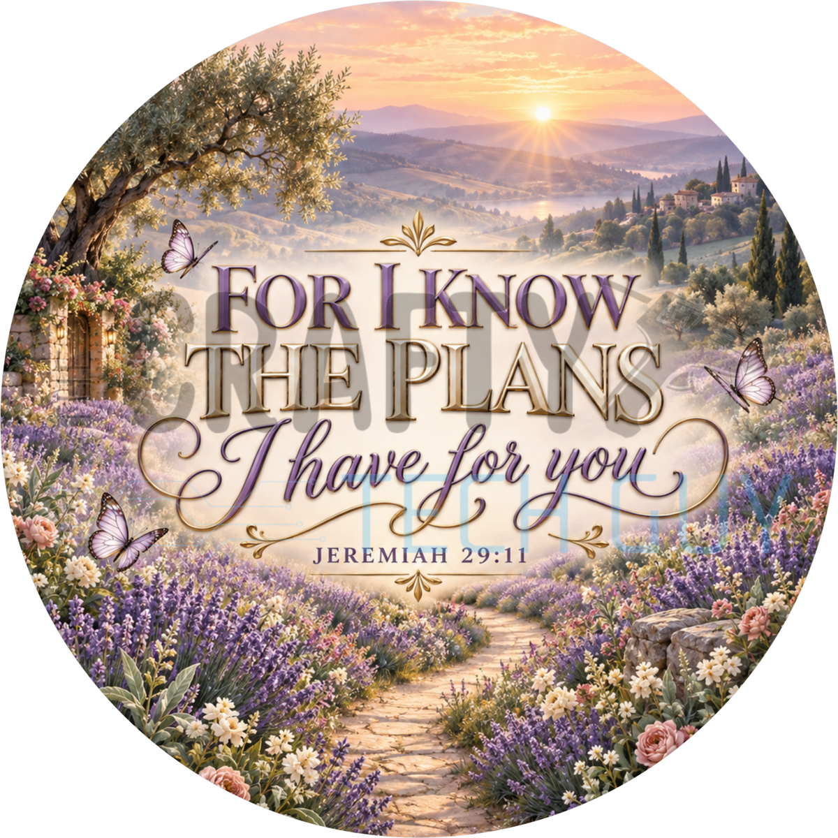 For I Know The Plans I Have For You Jeremiah 29:11 round wreath sign with a lavender field, stone path, rose arch and hilltop village