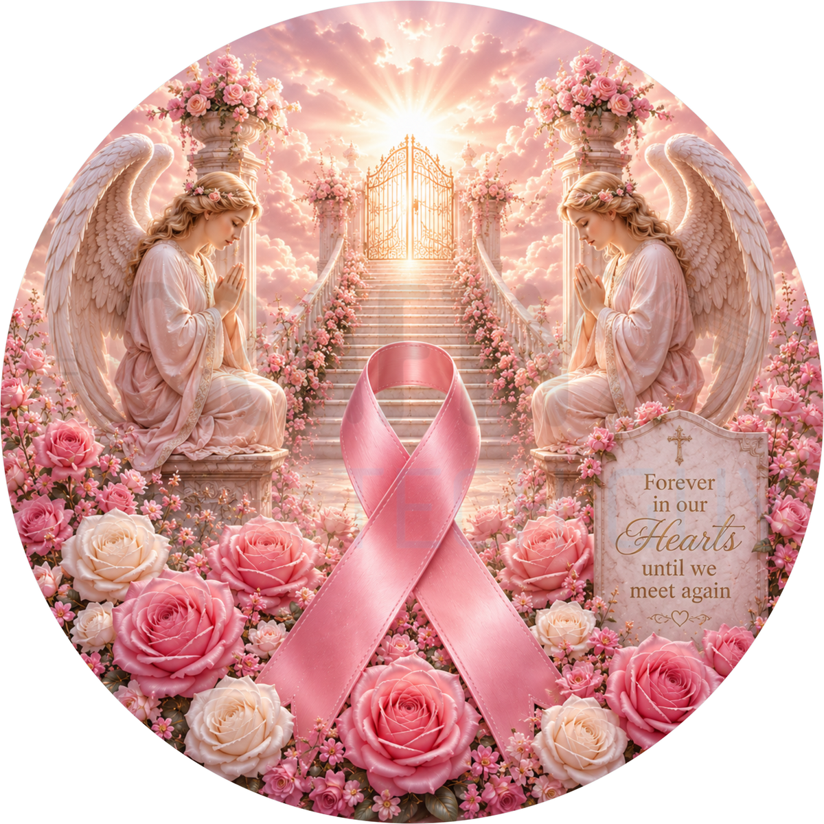 Forever In Our Hearts pink ribbon memorial round wreath sign with two praying angels, a staircase to golden gates, roses and a memorial stone